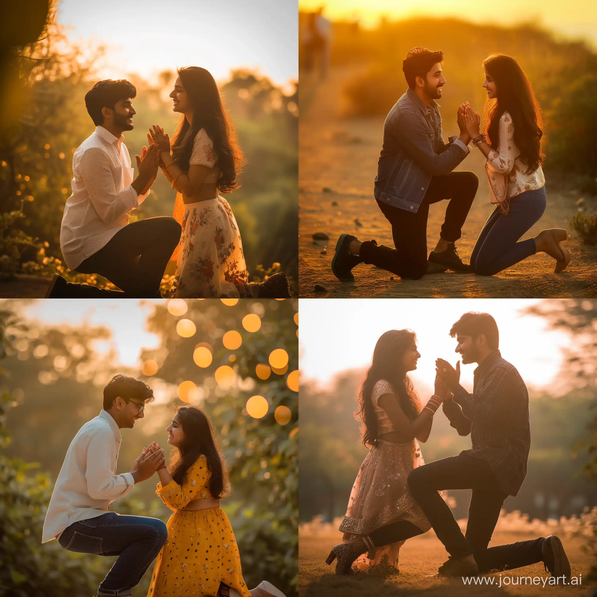 Indian boy proposing his girlfriend, in kneel down position, both are smiling, casual wear, sunset, bokeh mode, create in realistic, Disney styles. 