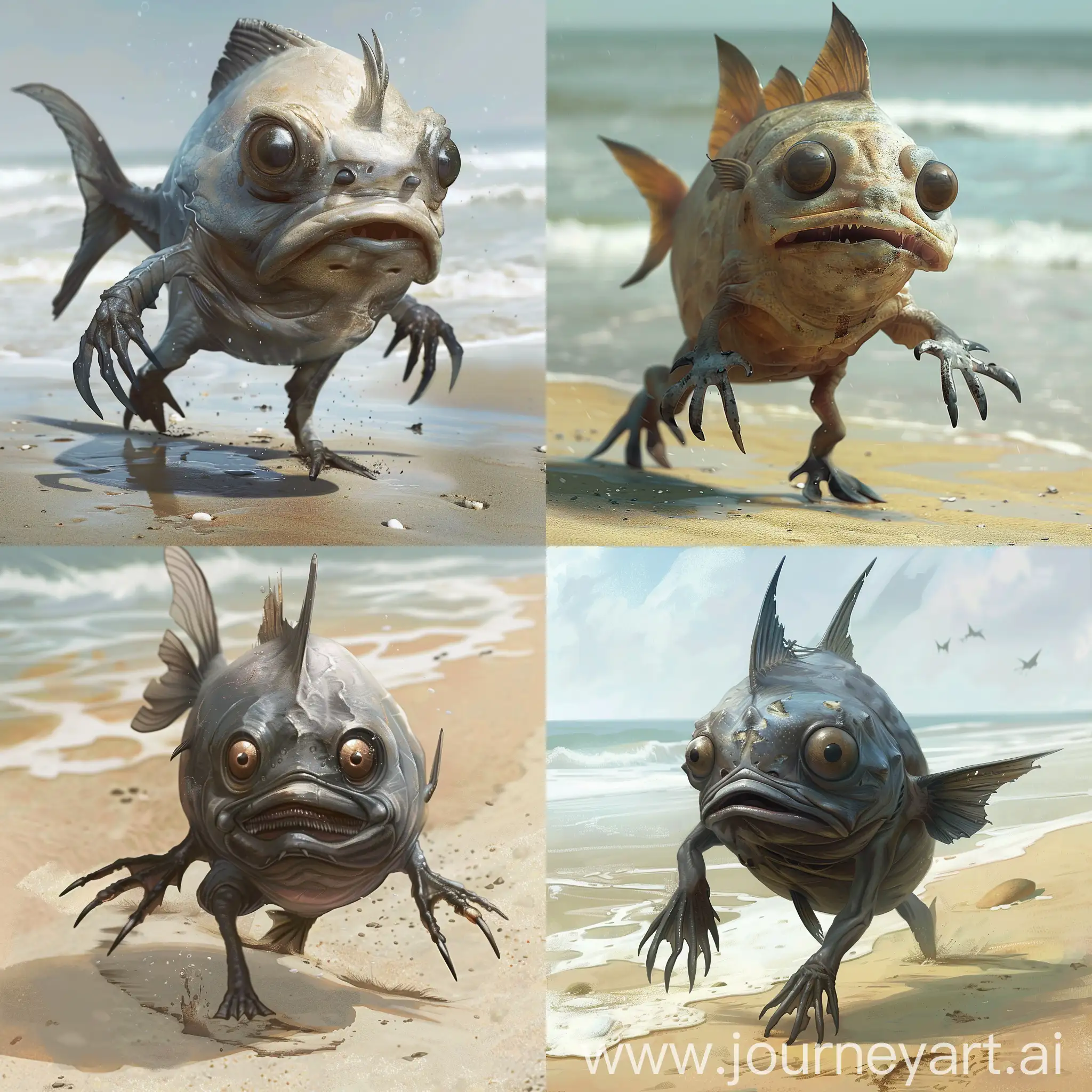  creature game art. poisson qui marche sur la plage avec deux petites pattes. Il a des griffes au bout des nageoires comme si c'était des mains. yeux globuleux et 4 grandes dents vers le haut