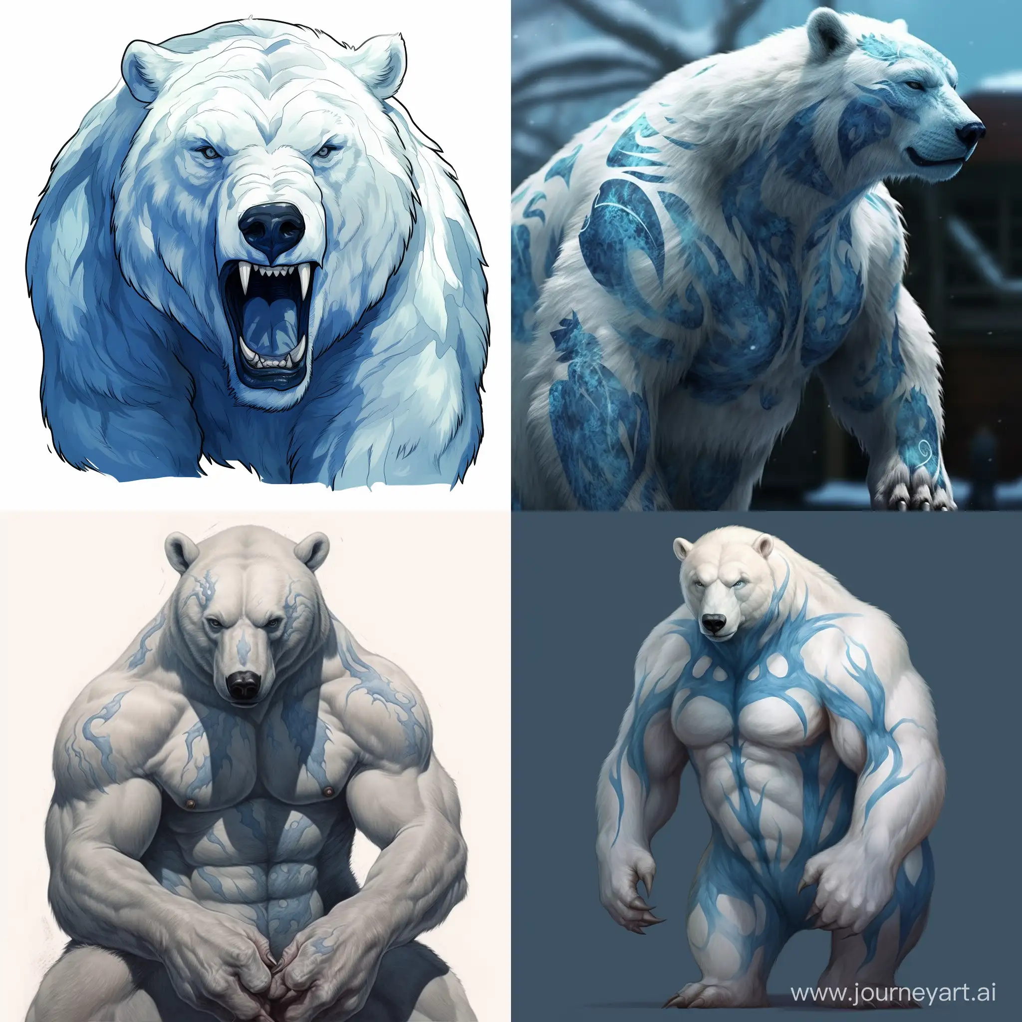 Draw a polar bear with a blue tattoo on his face, with thick fur. He should also be full-length, growl furiously, and have impressive muscles. He should have a glass of beer in his left paw.