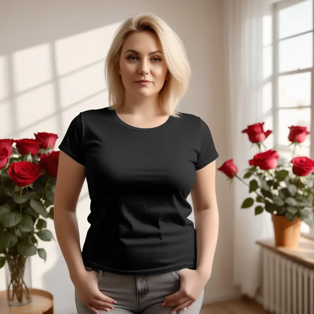 PLAIN black T-SHIRT, bella 3000 mock-up photo 40 year old medium length hair,woman, hair blond very chubby, 
IN THE BACKGROUND sunny room with roses
