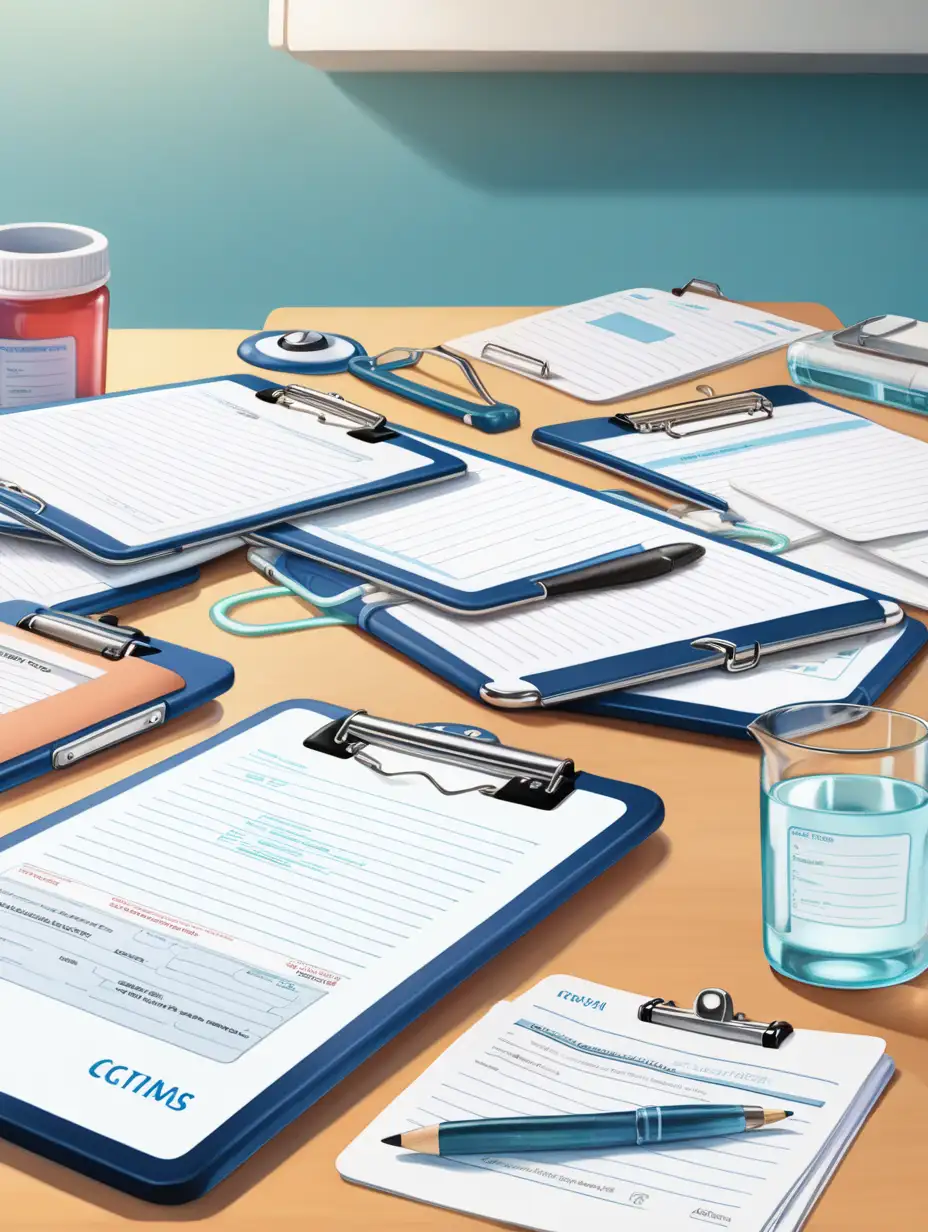 hospital records, clipboards, exams on a table, cutway ILLUSTRATION