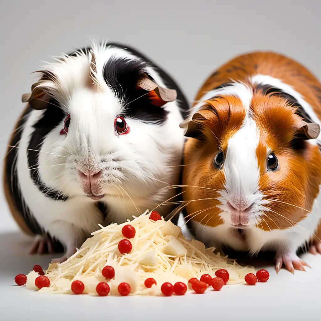 Two guinea pigs eating a mountain of food. One guinea pig is white with a tuft and red eyes and a very fat one, smooth-haired that’s reddish brown in color with dark brown patches