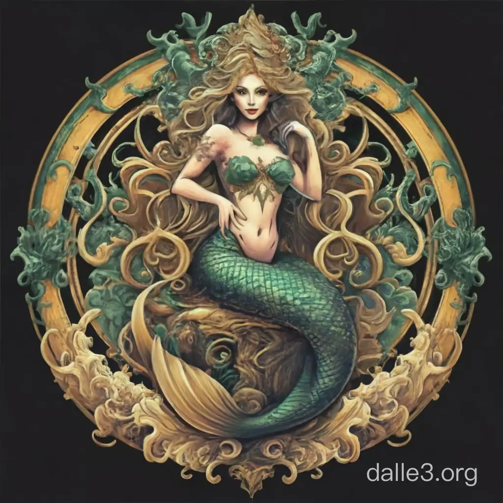 emblem depicting a seductive and luxurious mermaid with many details