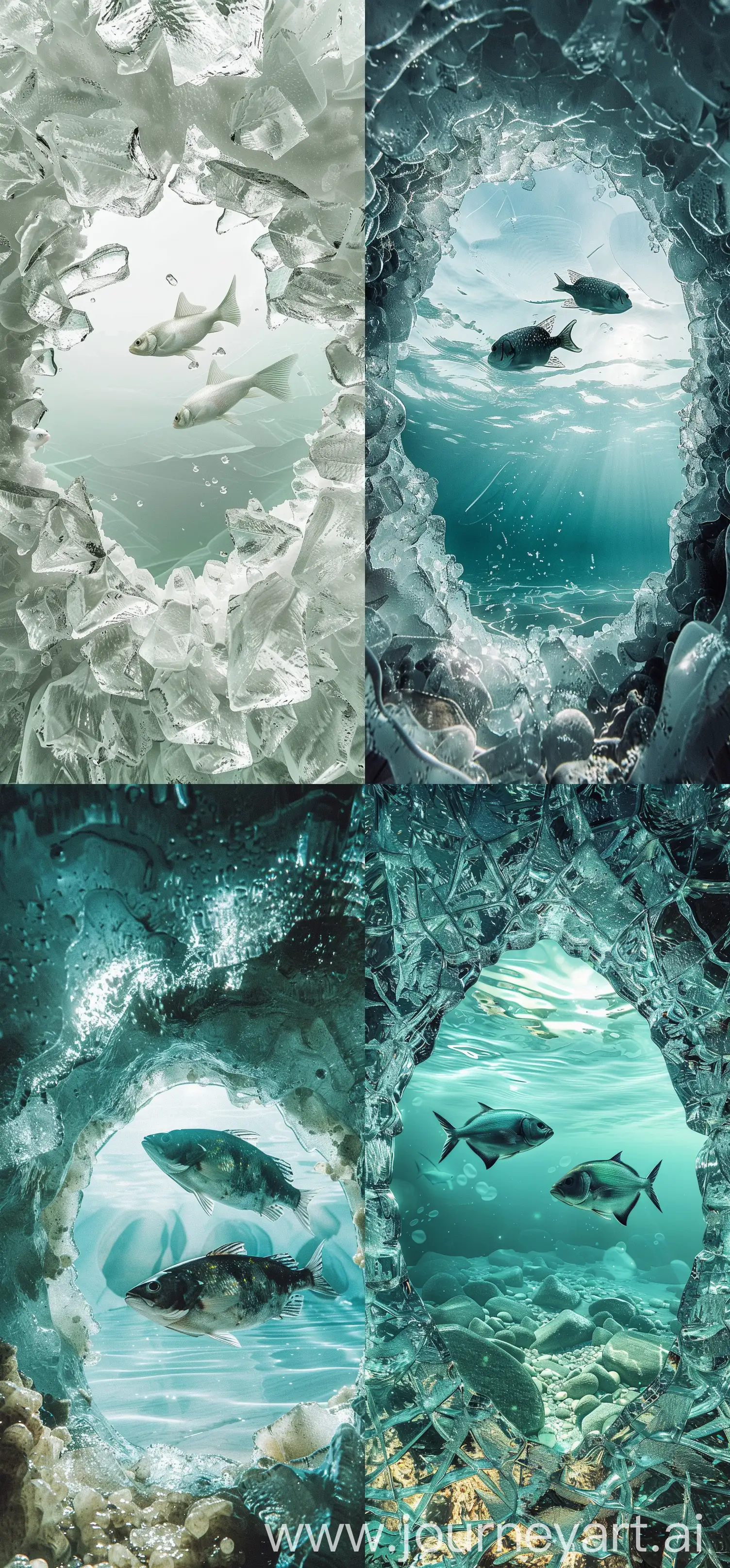 Arctic-Fish-Swimming-Through-Cracked-Ice-Hole