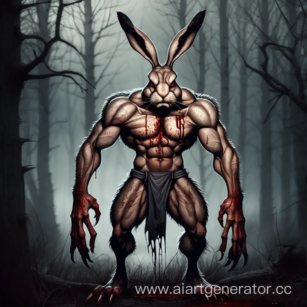 Большой, очень сильный, злой человек-заяц, мрачный, темный лес, с когтями, мускулистый, в разорванной одежде и крови, полный рост