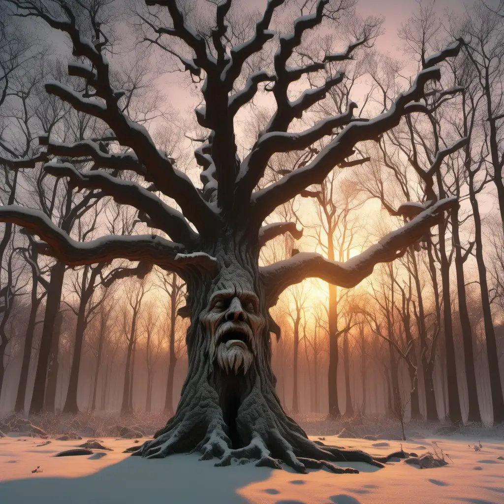 Enchanted Snowy Forest Ancient Oak Tree in Sunset Glow