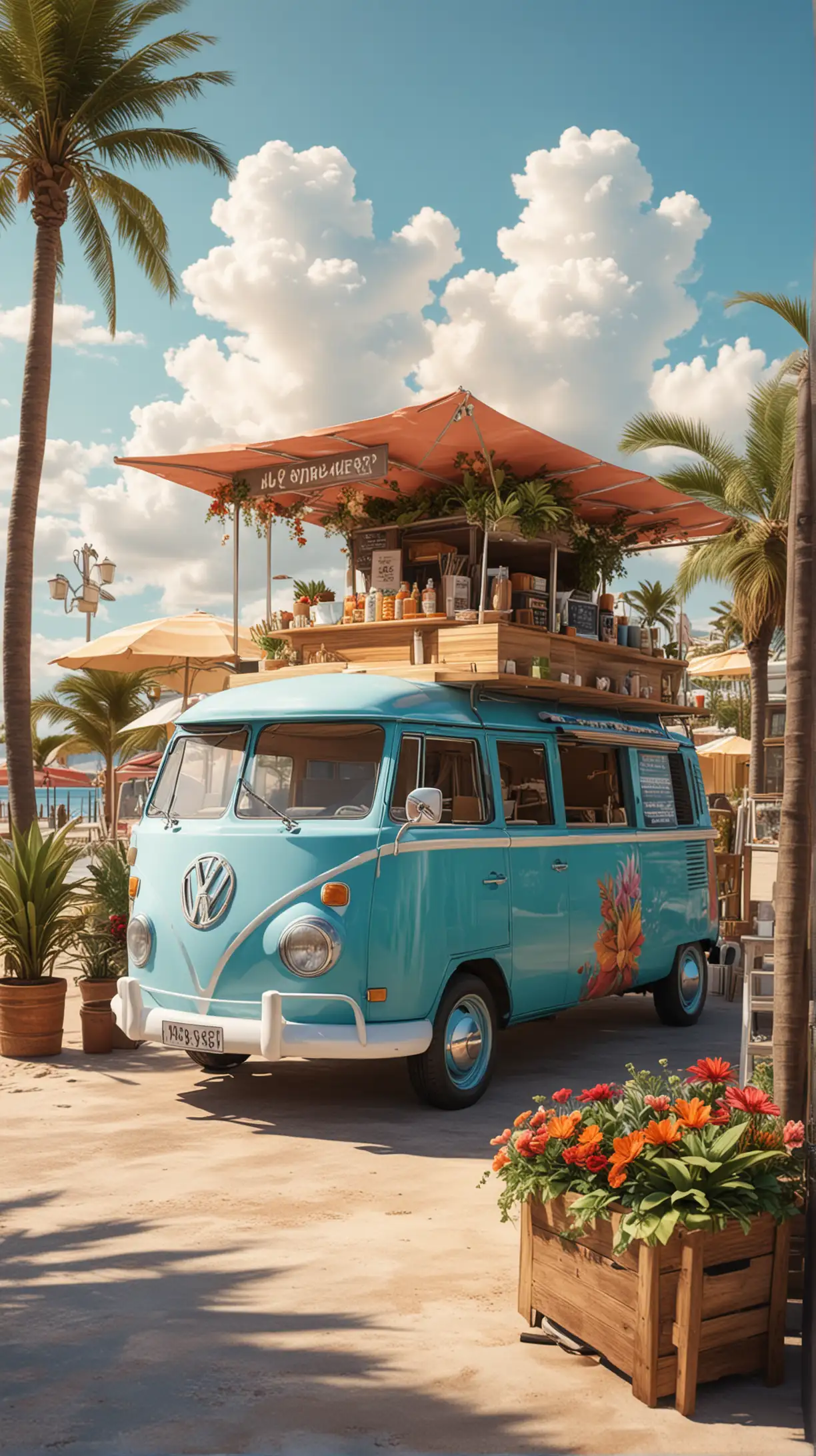 a VW  coffer food truck parked in the center of mall by the beach in spain. summer vibes, beach and sea vibes, tropical plants, tropical flowers, beautiful sky and clouds, breeze, 3D render, acrylic palette knihe, midjourney palette style, ultra detailed, 8k, ghibli studio.