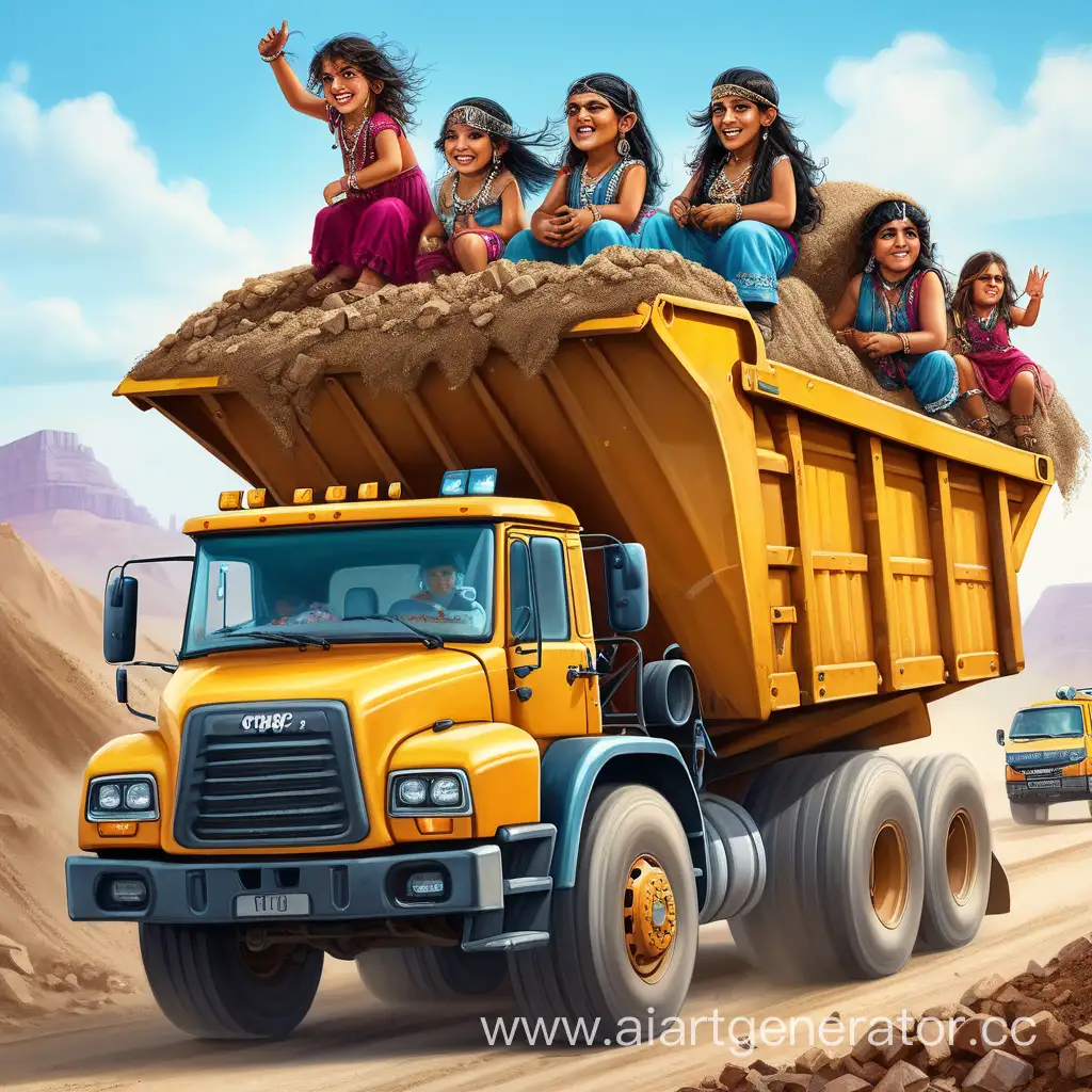 Colorful-Gypsy-Caravan-Parade-on-a-Massive-Dump-Truck