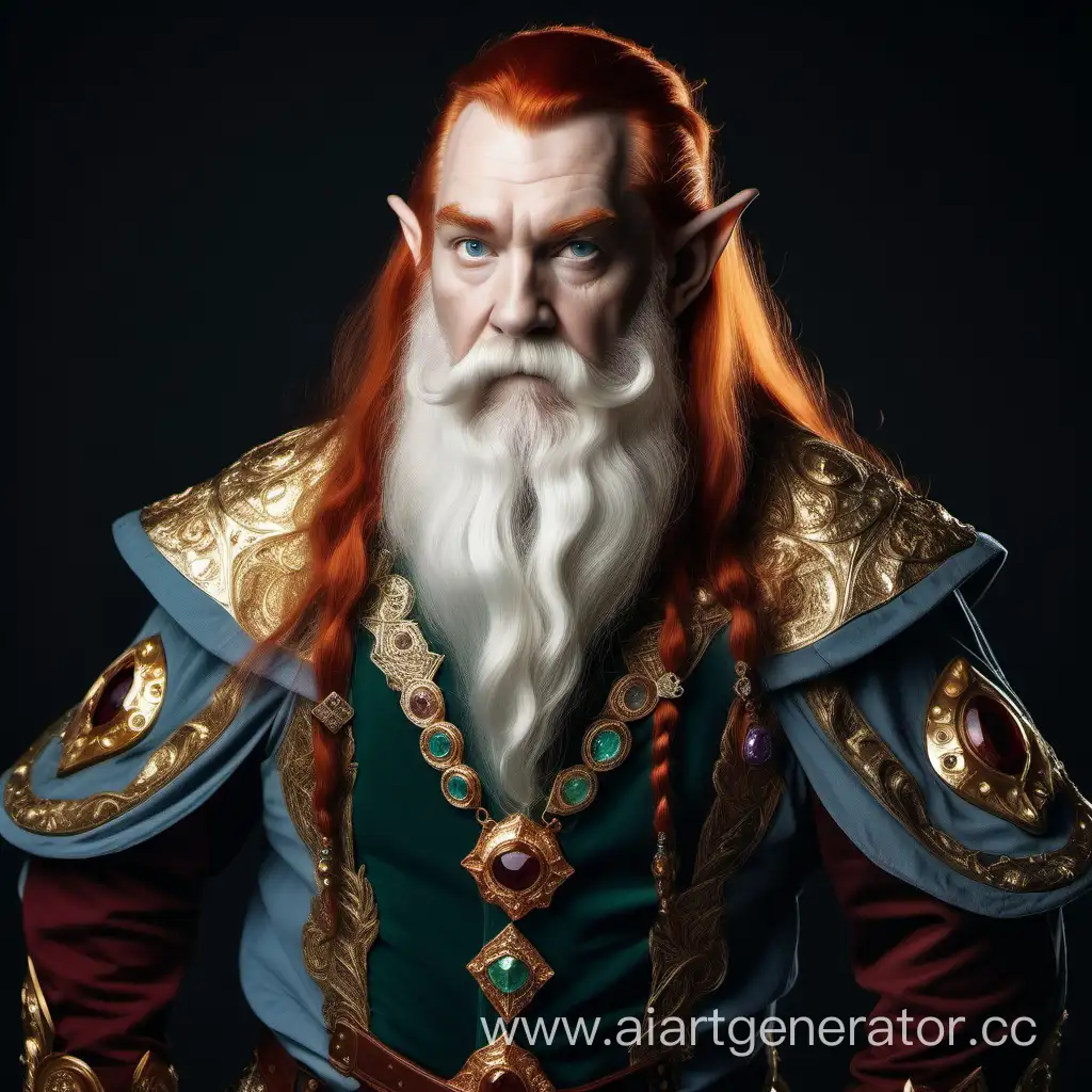 A dwarf man with long elven ears, a very long white beard and long red hair, dressed in rich and expensive clothes, decorated with gold and precious stones