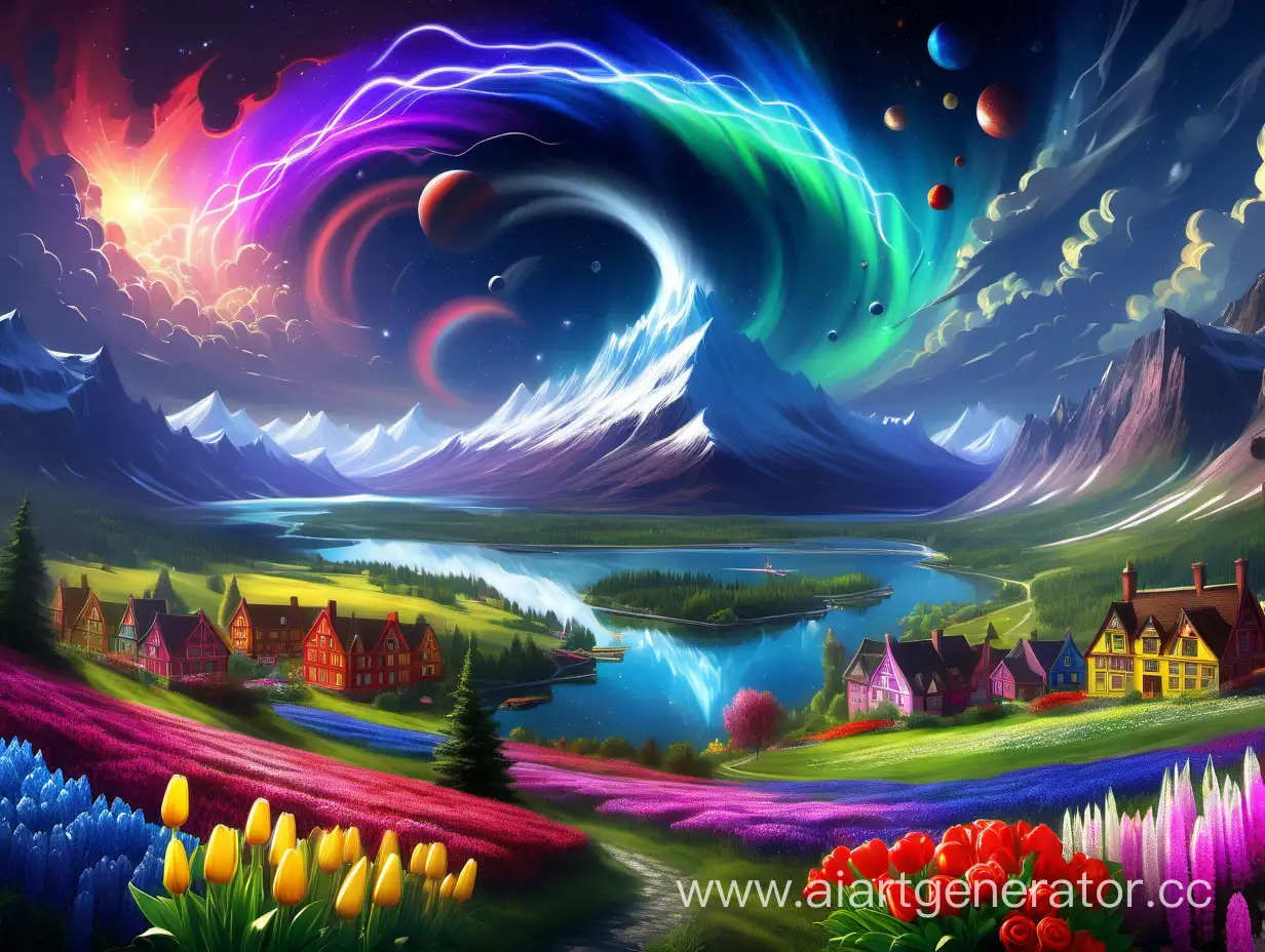 Vibrant-Night-Sky-Aurora-Borealis-Planets-Moons-and-Volcanic-Eruption