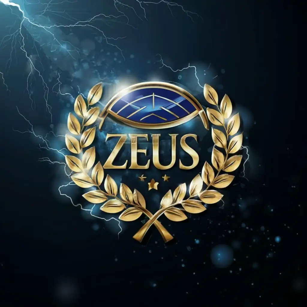 logo, Zeus, laurels, gold and blue pearlescent , lightning, Greek god, with the text "Zeus", typography, be used in Automotive industry