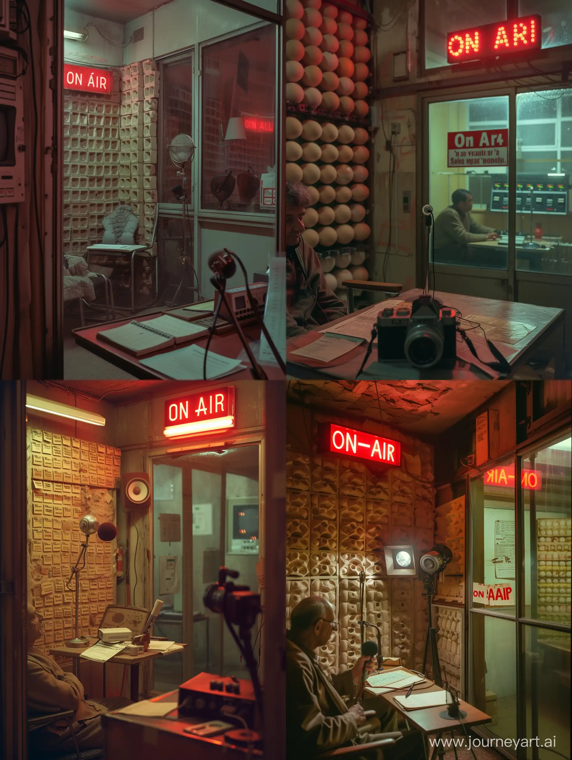 realistic color photograph of an Italian radio station from 1980 taken with a Leica R4 camera. the scene takes place in the transmission room. it is a small room with the walls covered with cartons to transport the eggs, the eggs are not present. on one side of the room there is a large glass that allows the speaker to communicate with gestures with the next room where the control room is located. Above the glass there is an illuminated sign that lights up in red with the words "on air" when it is transmitting. the room is very bare: there is a chair, a table with the microphone on it and the notes used by the speaker during his broadcast and a small red light on the ceiling which creates a dark atmosphere inside. the camera that takes the photo is placed on one side of the table in the speaker's room, and frames the speaker on the left sitting on the chair and with his hands resting on the table. the lens captures half the speaker's face, from the cheeks down, intent on speaking near the microphone and with notes in one hand. on the right side of the photo you can see the glass leading into the control room with the "on air" sign lit in red above it