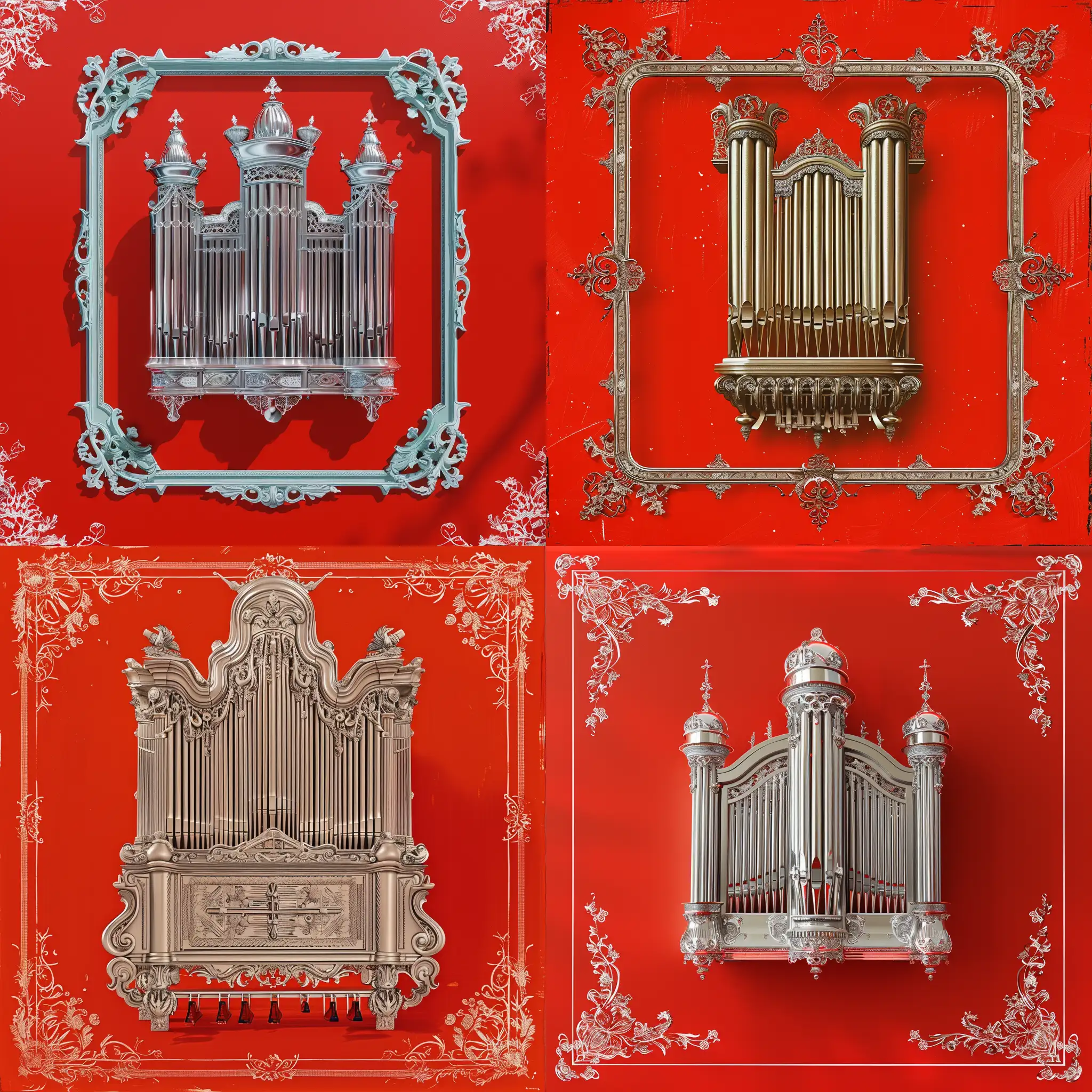 Silver-Slavic-Organ-on-Bright-Red-Background-with-Delicate-Filigree-Frame