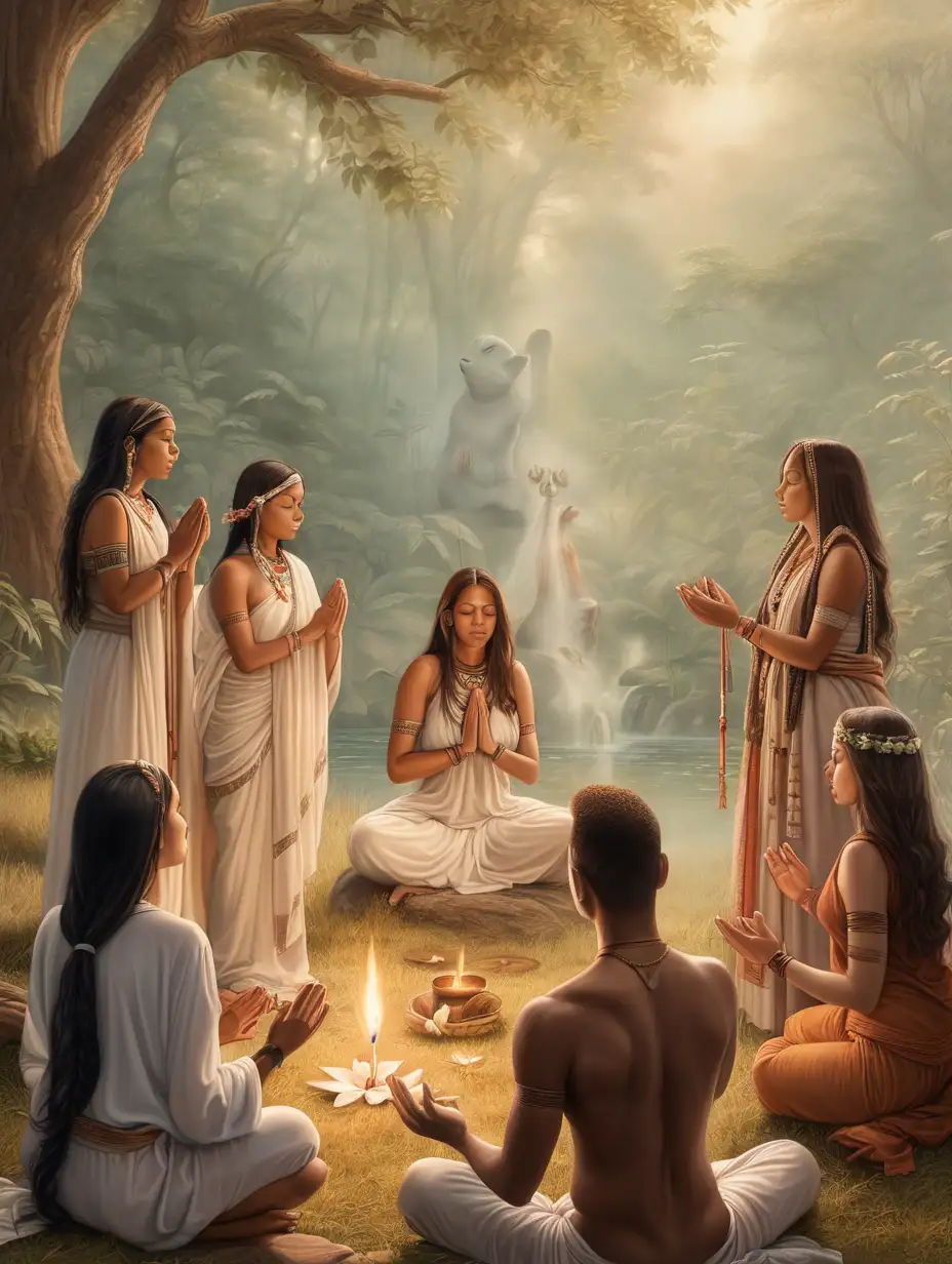 women and men doing an Spiritual Ritual to worship nature

