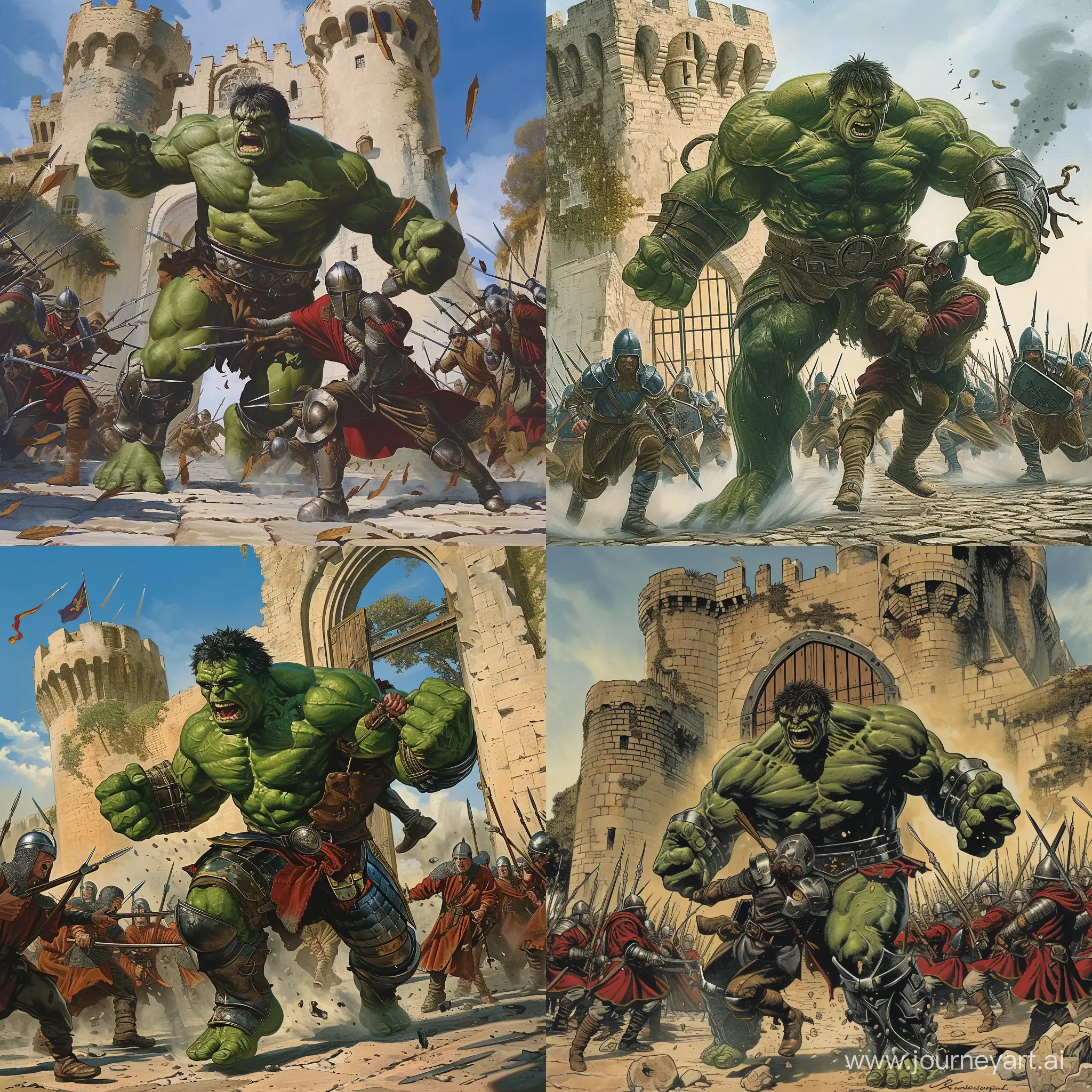 Hulk wearing medieval armor in front of a castle gate fighting a group of medieval soldiers, with Hulk carrying one of the soldiers