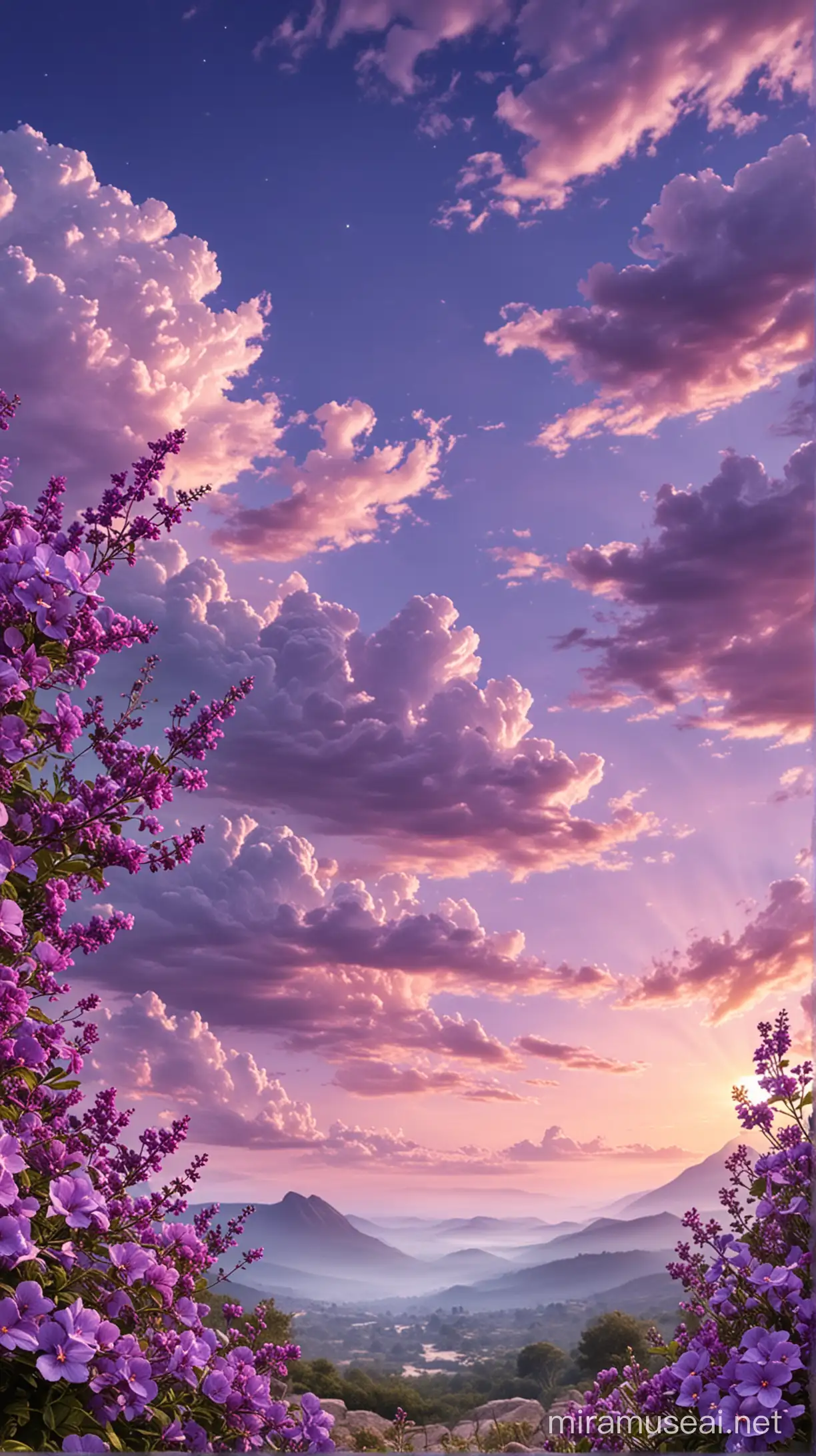Peaceful Memorial Sky with Purple Flowers