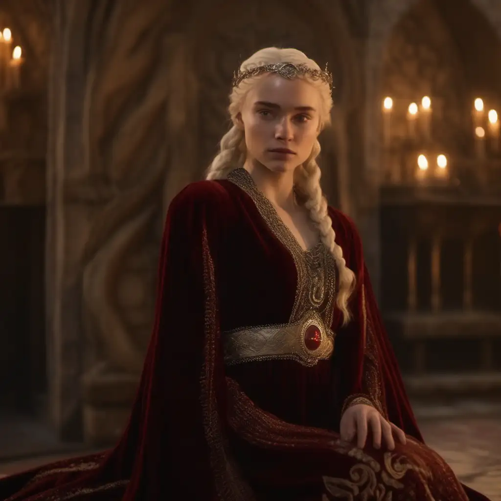 Rhaenyra Targaryen white silver intricately braided haired young woman high cheekbones pale skin no makeup wearing rich red velvet  Gamarra style dress embroidered in pearls and gemstones Byzantian style  gold and ruby circlet 
Game of thrones fantasy setting