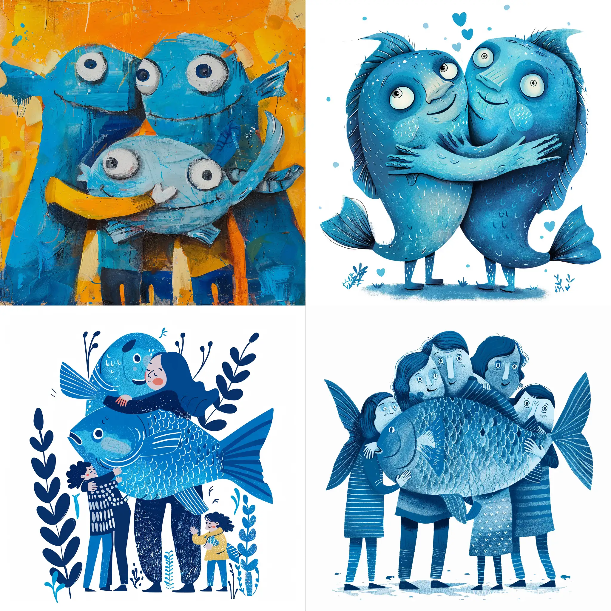 Blue fish hugging people in a friendly way