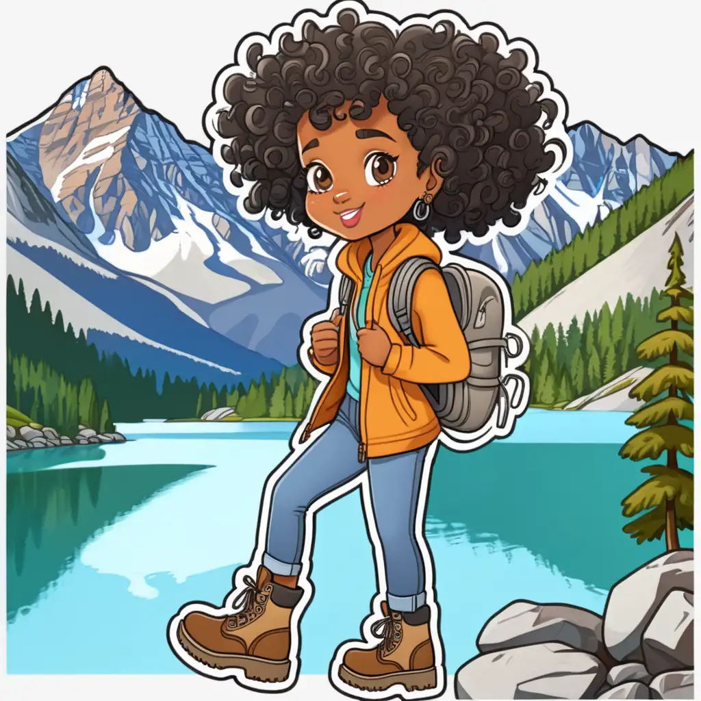 a black girl with curly hair in hiking boots with a mountain and lake in the background cartoon sticker
