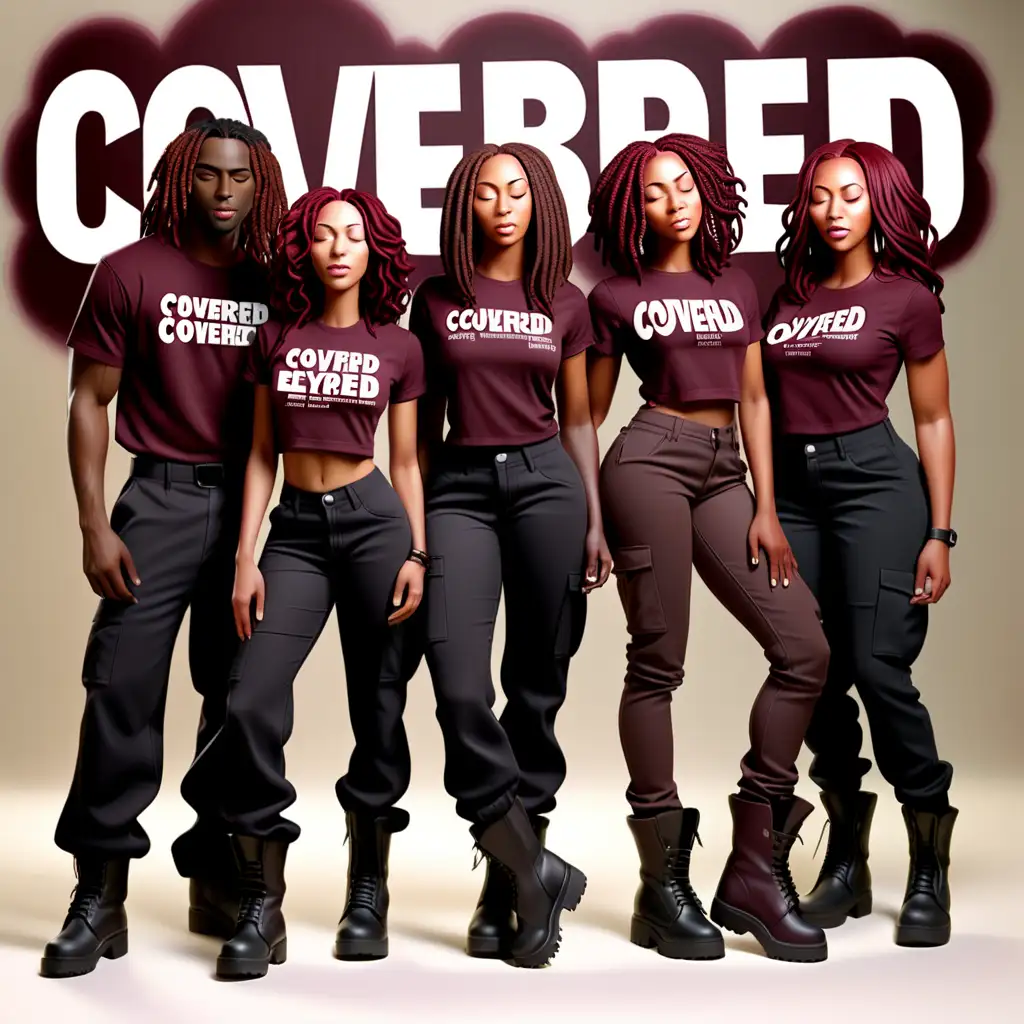 Create an airbrush image of a beautiful black man and three women with burgundy and black locs with black burgundy shirt with words "Covered" written on it in black letters, black cargo pants, black boots, standing praying with eyes closed.