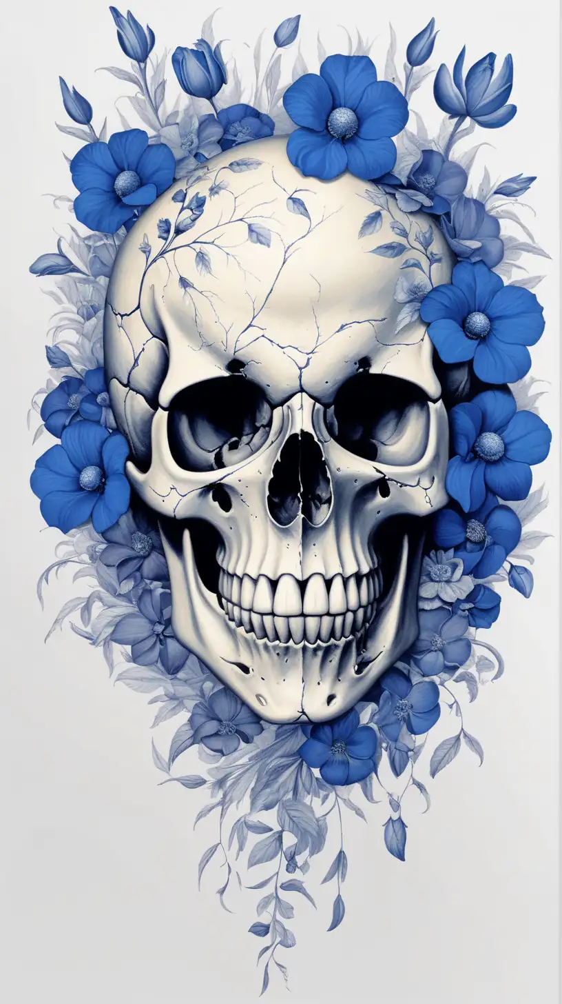 create an image of a skull, with cobalt flowers around it