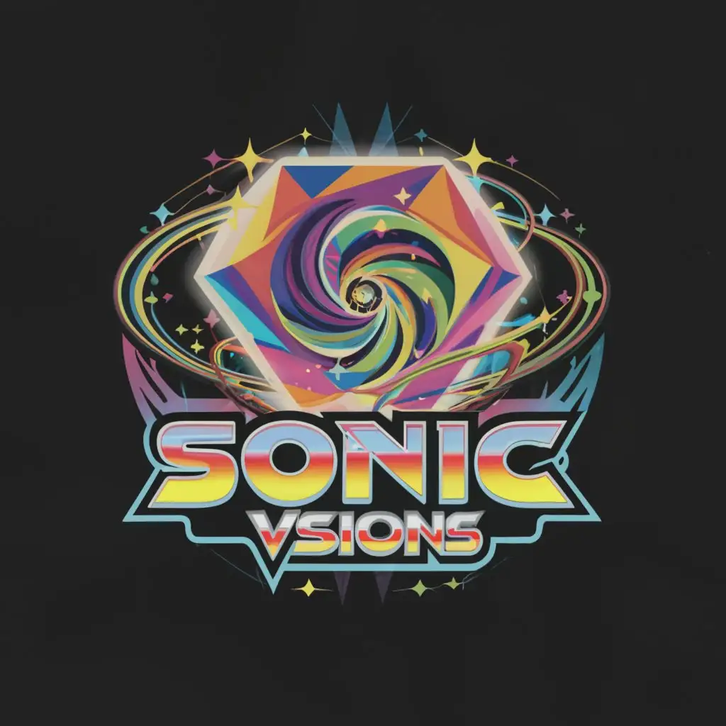 a logo design,with the text 'Sonic Visions', main symbol:fractured black hole galaxy hurricane diamond heart, psychedelic, shiny, sonic the hedgehog font,complex,be used in Entertainment industry,clear background