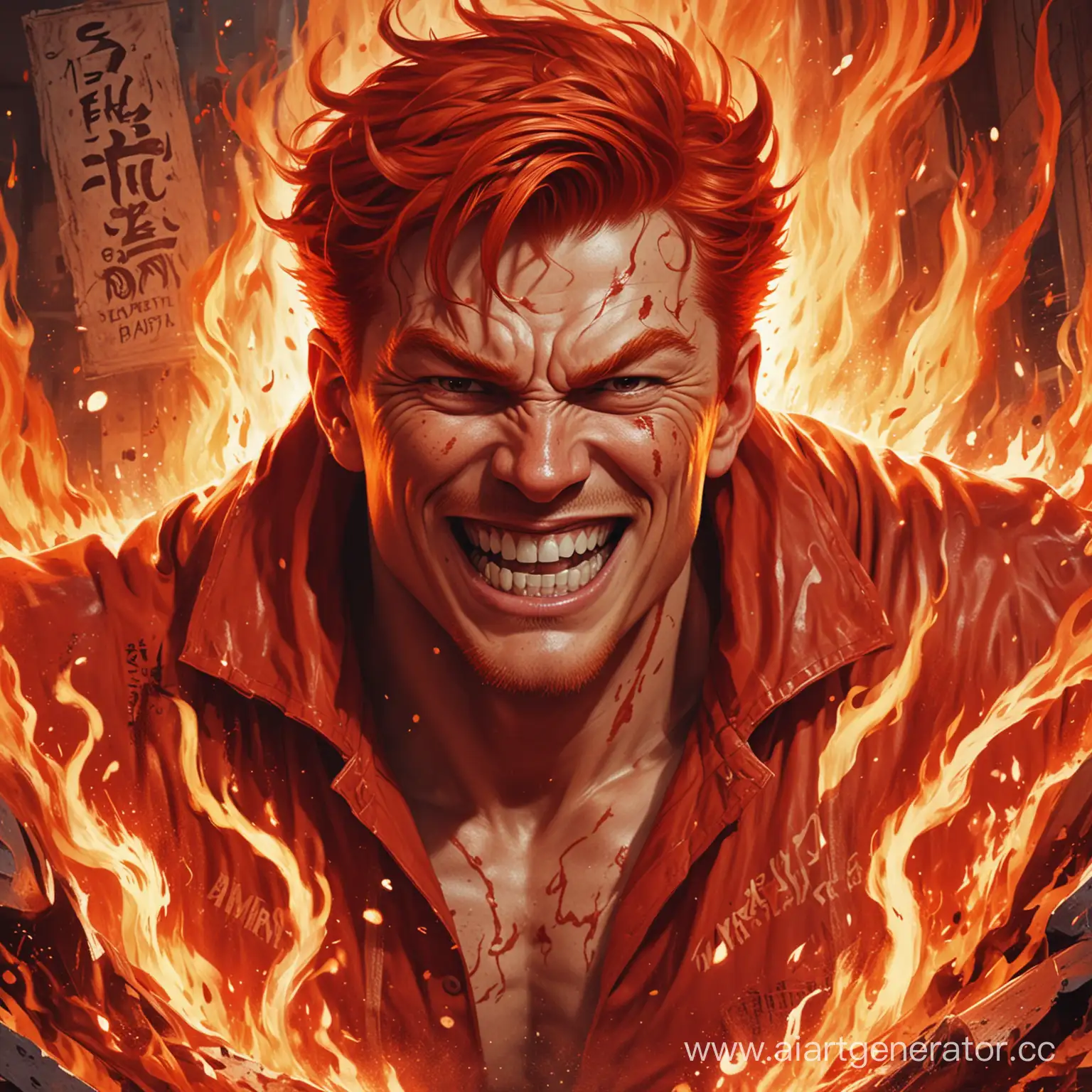 Экшн-сцена, мужчина в красных тонах с красными волосами в виде огня и улыбкой демона, вокруг которого непонятные надписи в стиле комикса