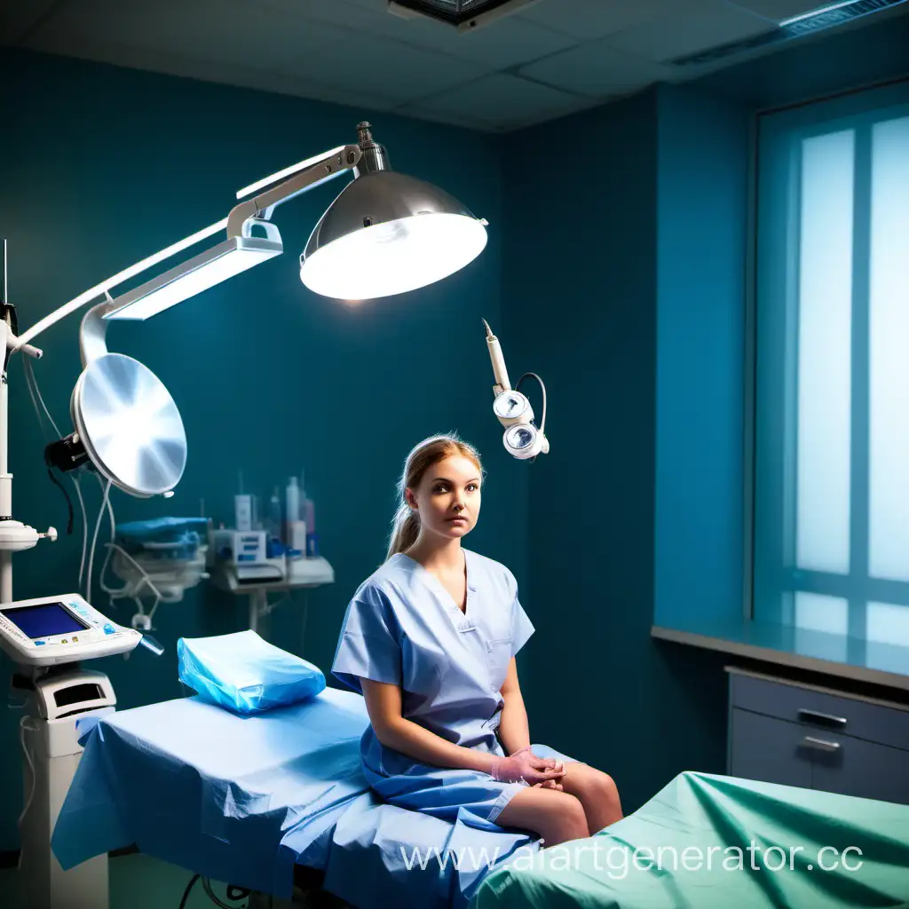 junge frau in patientenhemd sitzt in behandlungsraum  von chirurg operationslampe beleuchtet vorbereitung auf operation