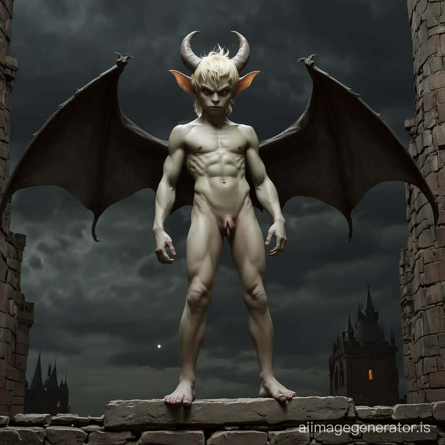 Night-Demon-Boy-with-Bat-Wings-and-Tail-Standing-on-Old-Castle