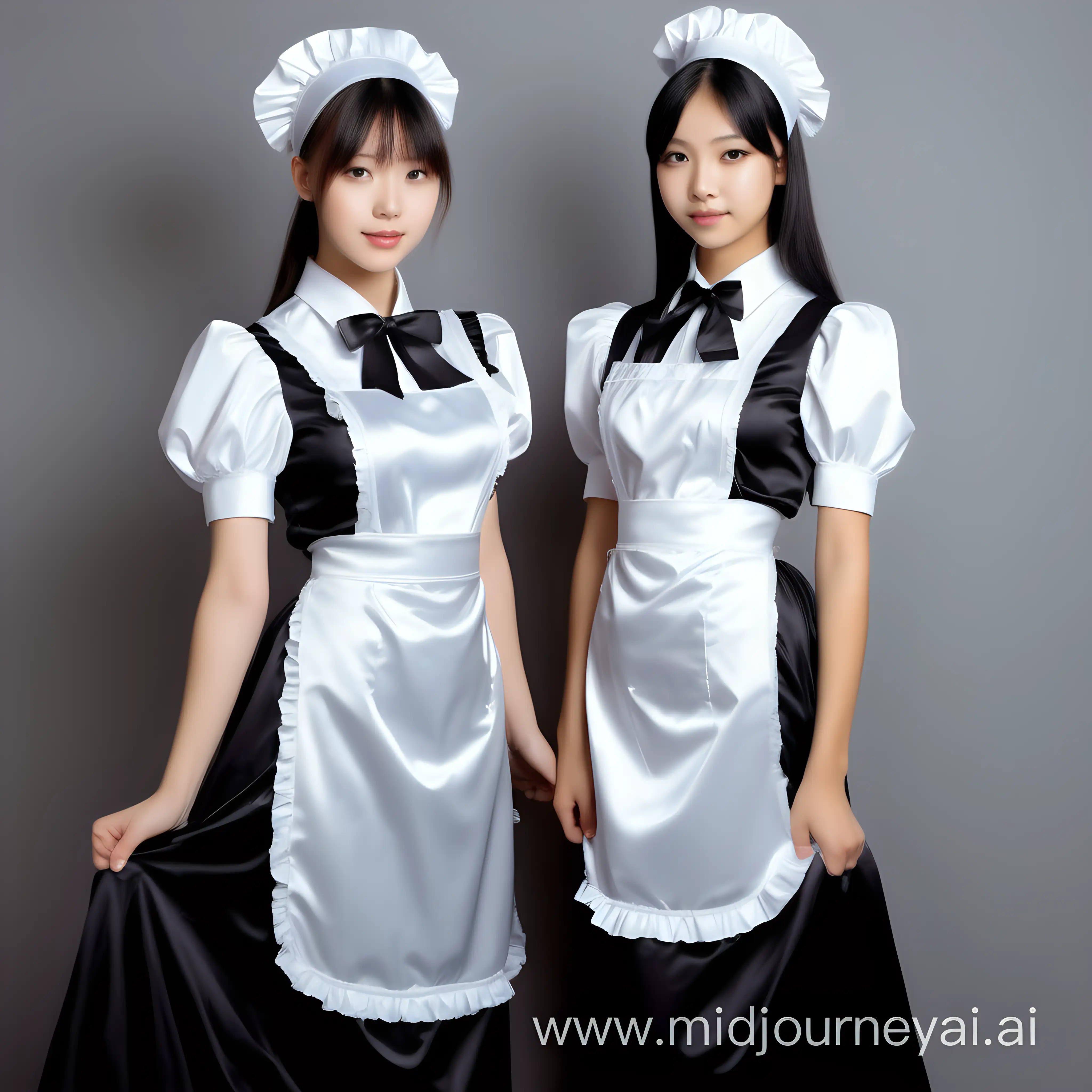 Elegant Girls in Satin Long Maid Uniforms Engaging in Enchanting Tasks