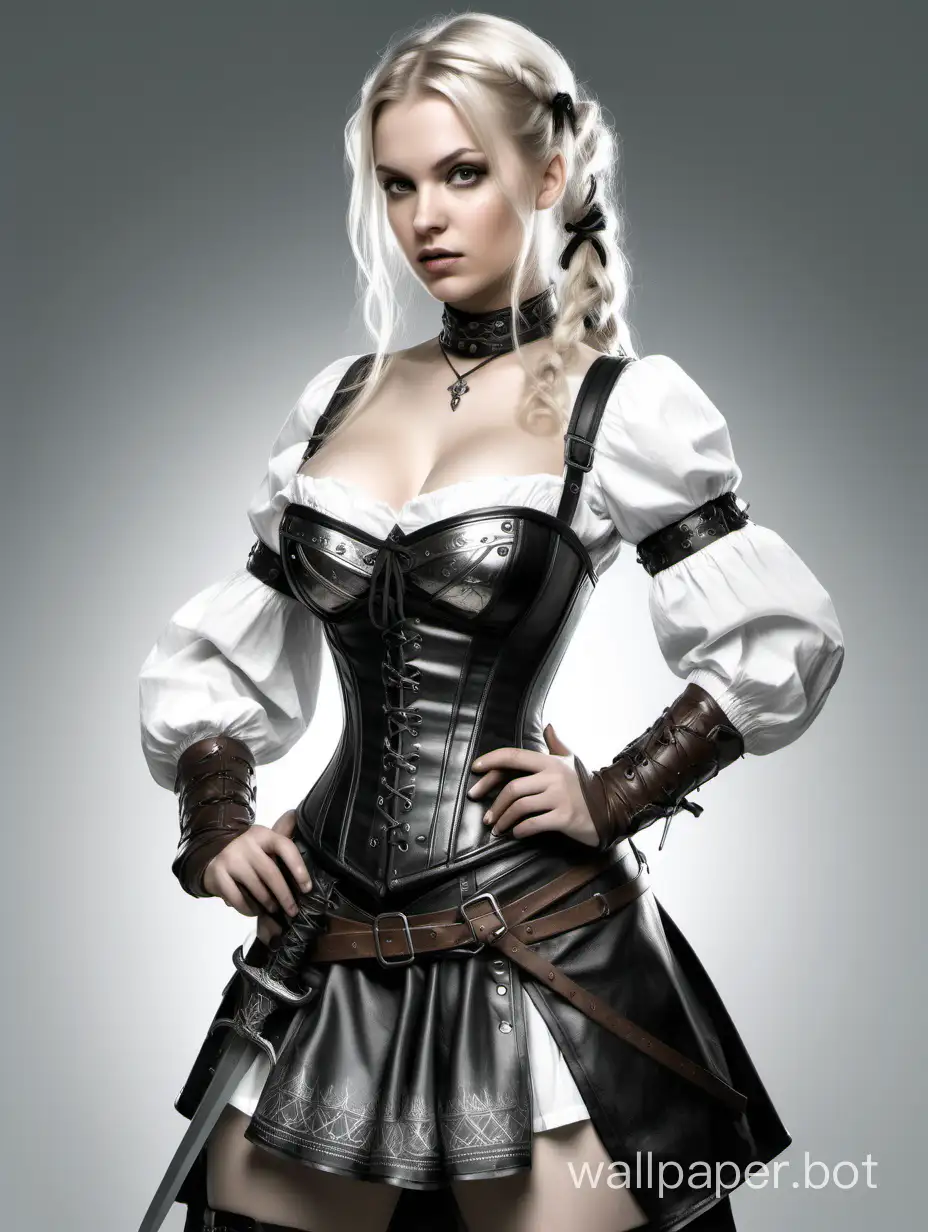 Magdalena Neumann, a Russian witcher girl, light hair with pigtails, large breasts size 4, narrow waist, wide hips, leather laced corset with metallic patterns, Skirt with metallic overlays, black and white sketch, white background, with a sword