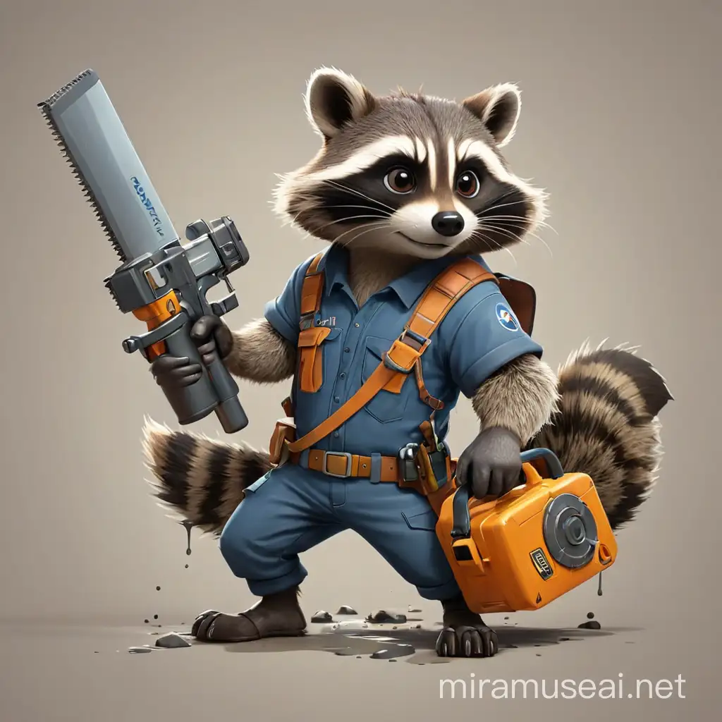 Company logo with a raccoon carrying a saw and a spray gun