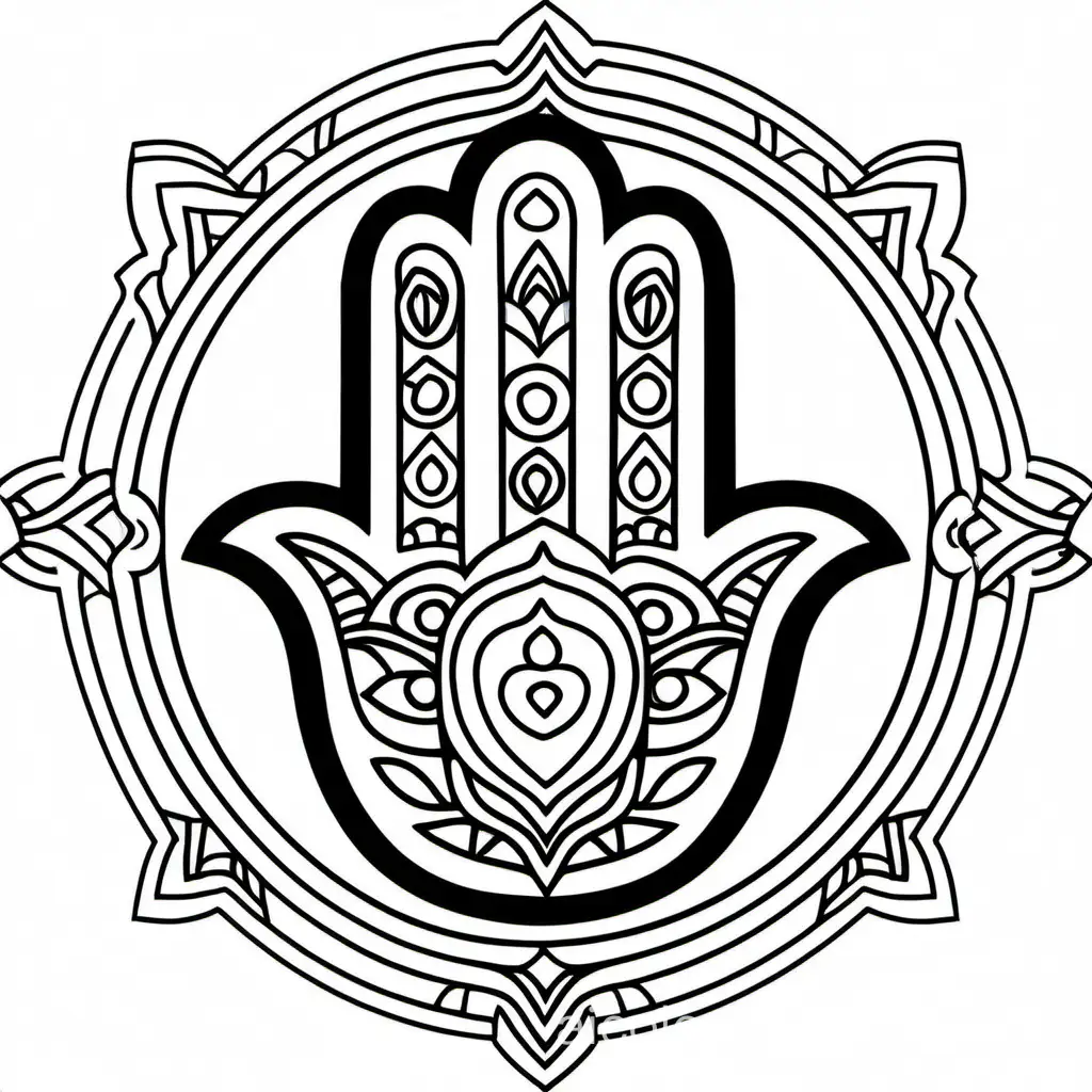 simple coloring page hamsa, Coloring Page, black and white, line art, white background, Simplicity, Ample White Space. The background of the coloring page is plain white to make it easy for young children to color within the lines. The outlines of all the subjects are easy to distinguish, making it simple for kids to color without too much difficulty