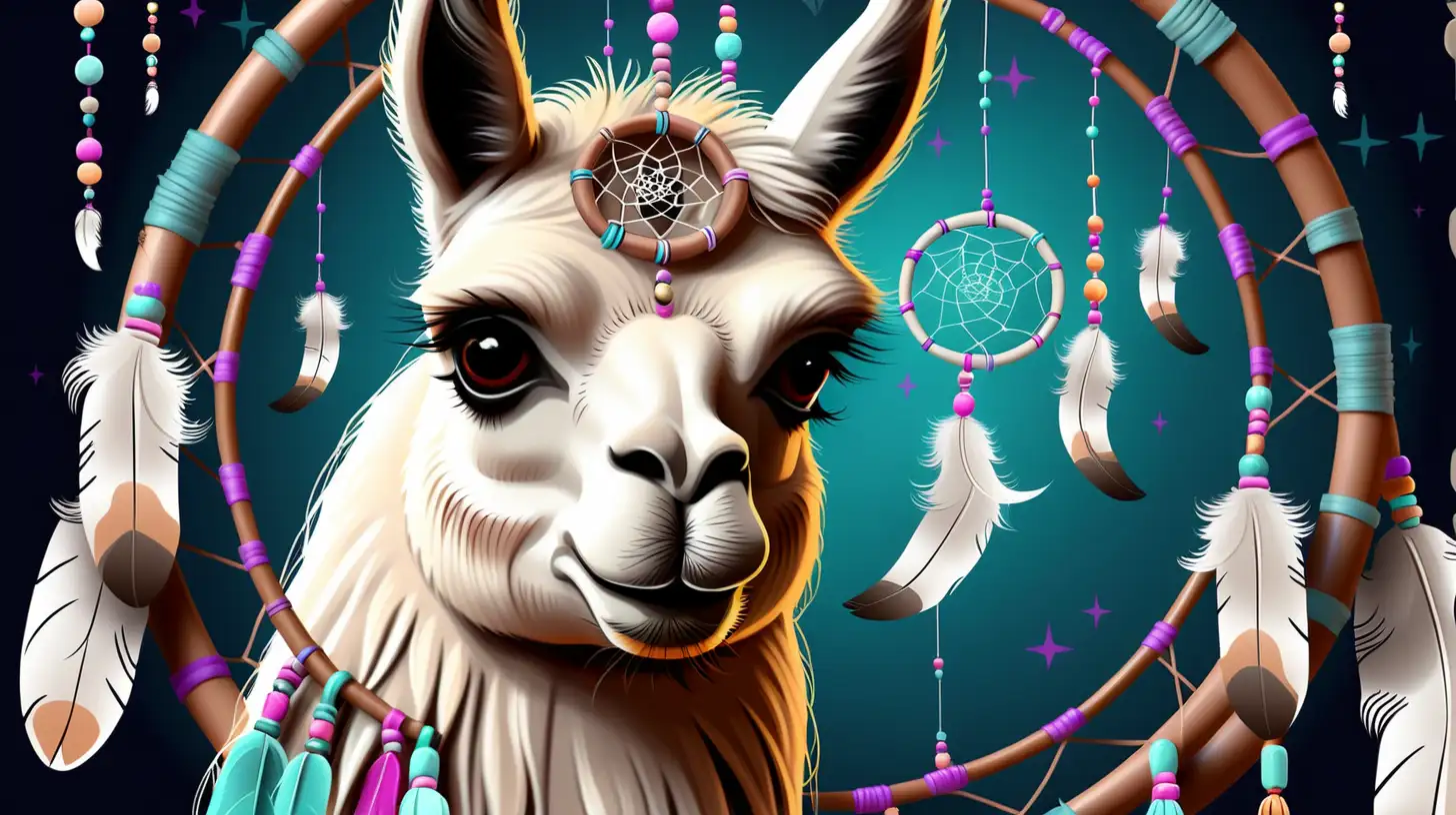Enchanting Dreamcatcher Background with a Playful Llama