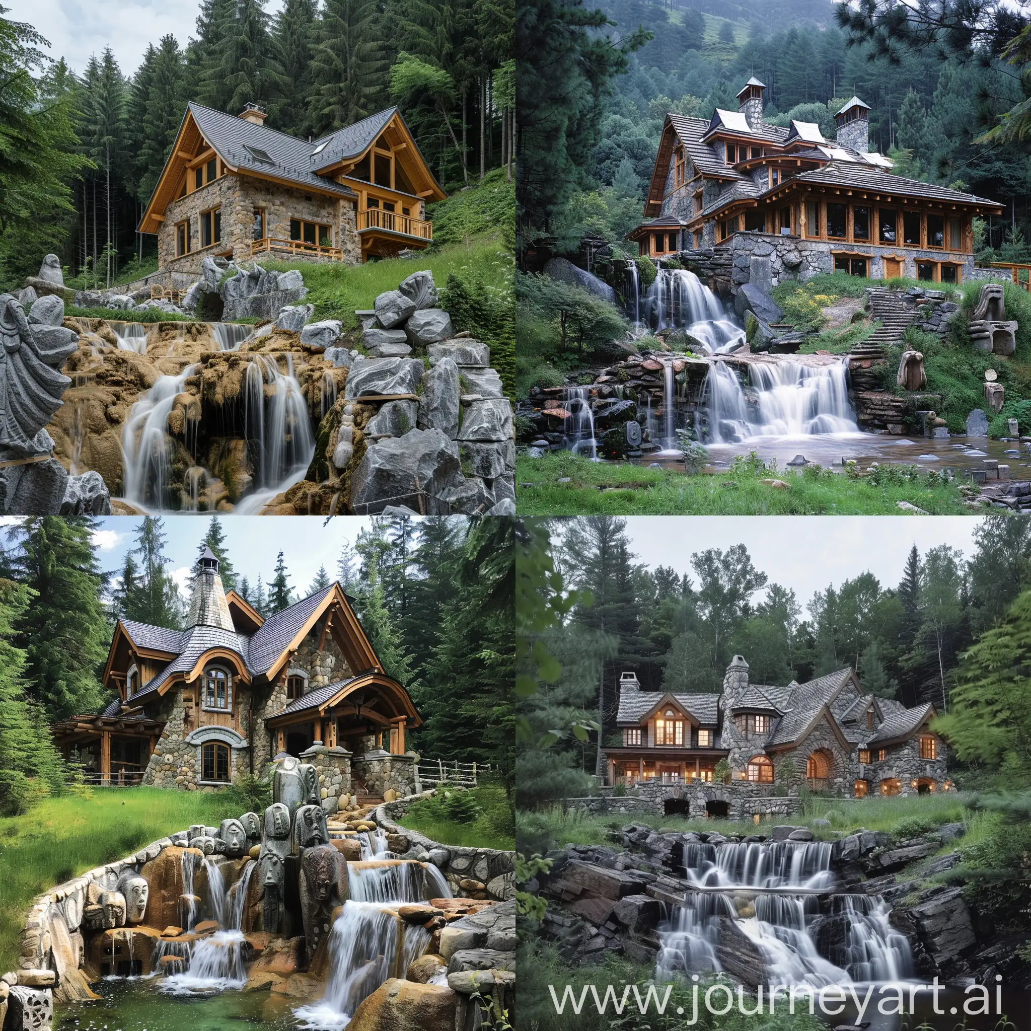 Amazing house surrounded by meadow and forest waterfall, stone carvings --v 6 --ar 1:1 --no 72830