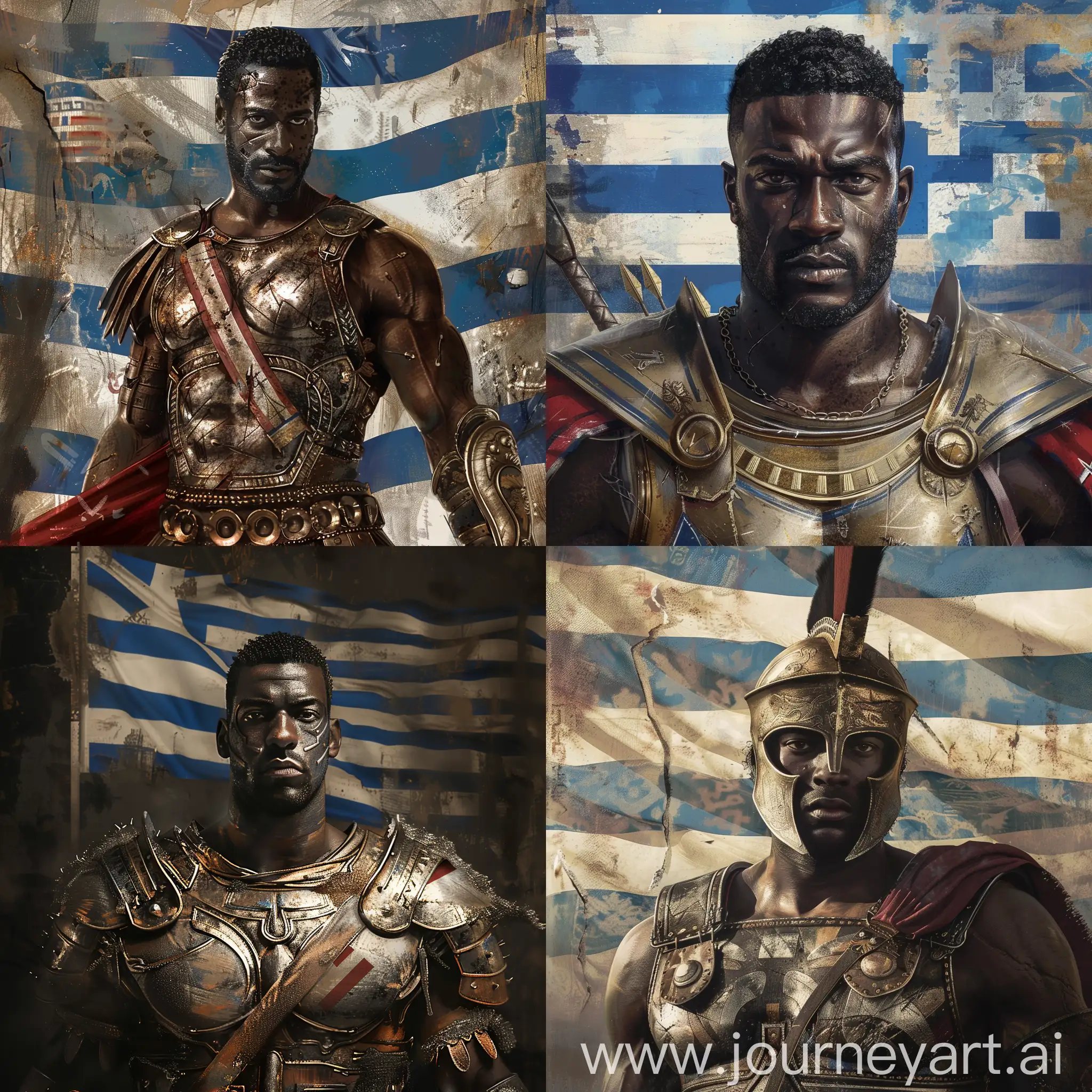 generate me a detailed picture of black man wearing spartan armor with the greek flag behind him ,