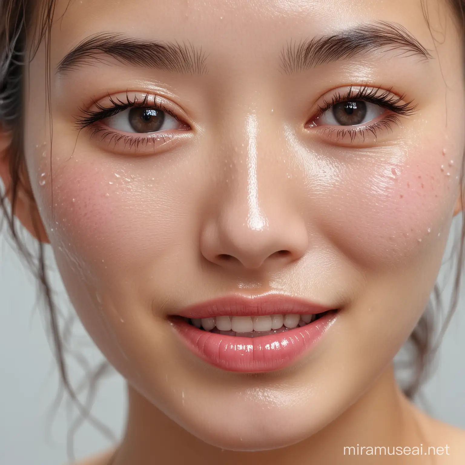 Pretty korean girl smiling, wet natural full lips, sweaty, close up focus to mouth