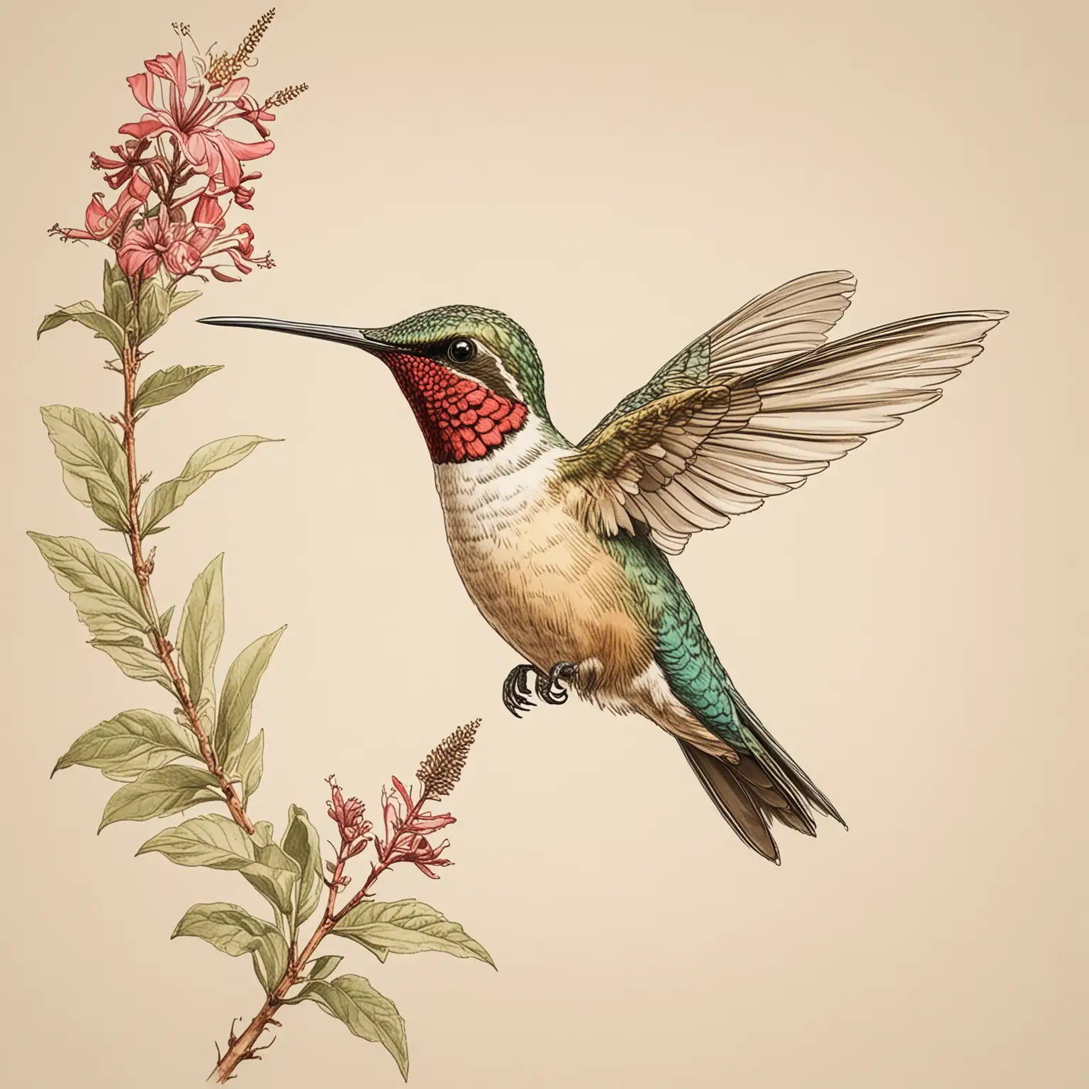 simple color line  colored in drawing of an Northeast US  humming bird in Audubon style with a cream background