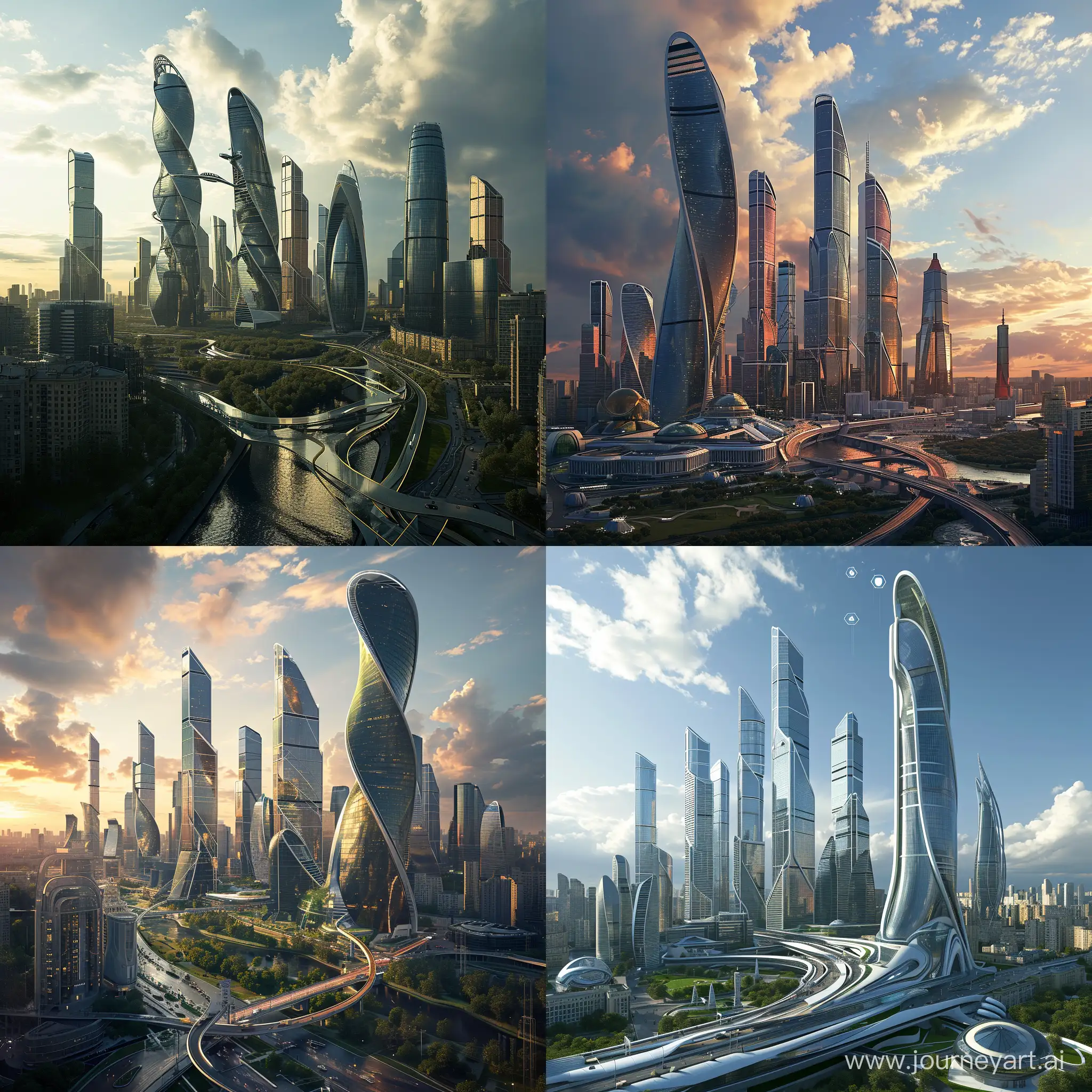 Futuristic Moscow, sky-high skyscrapers, advanced transportation systems, sustainable energy sources, smart infrastructure, virtual and augmented reality experiences, advanced healthcare facilities, automated homes and workplaces, green spaces and parks, cultural and artistic hubs, global connectivity --v 6