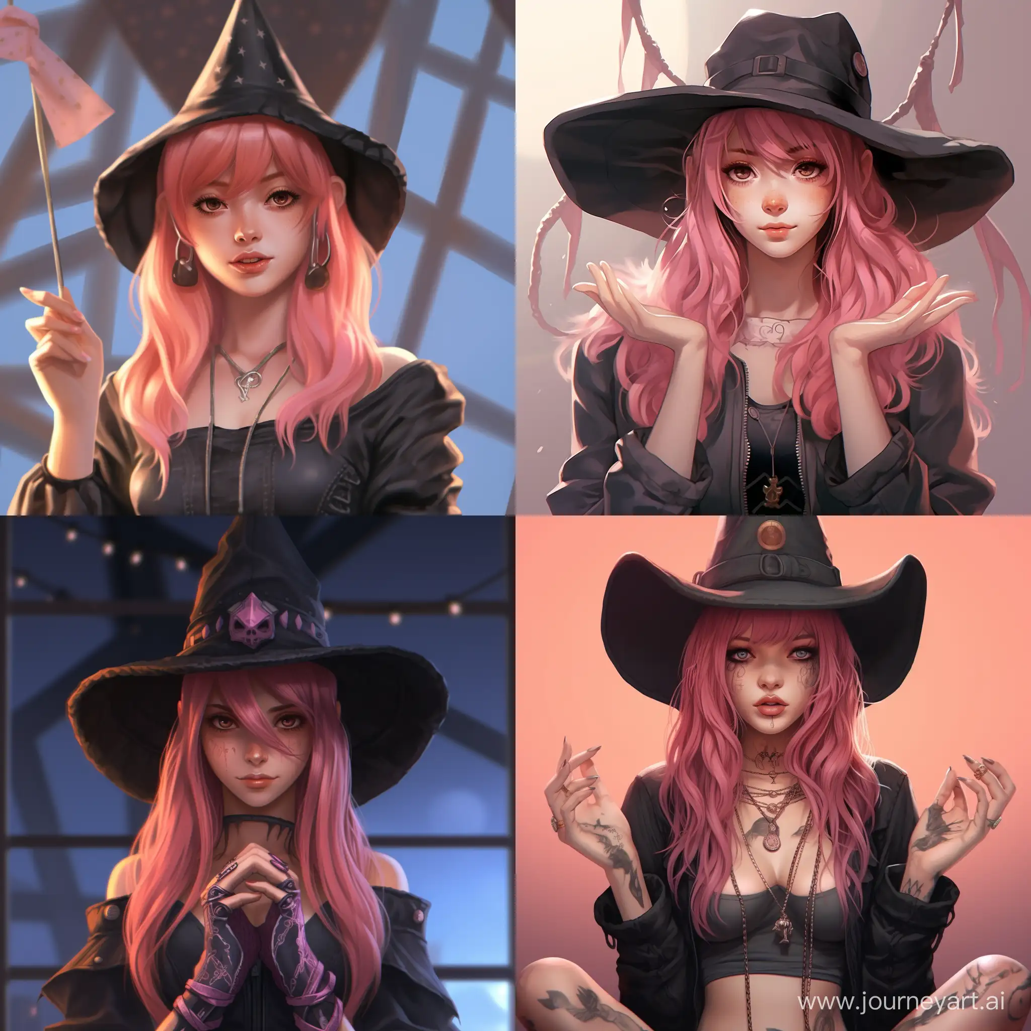 girl with pink hair and a witches hat holding up her hands in defiance in realistic anime style