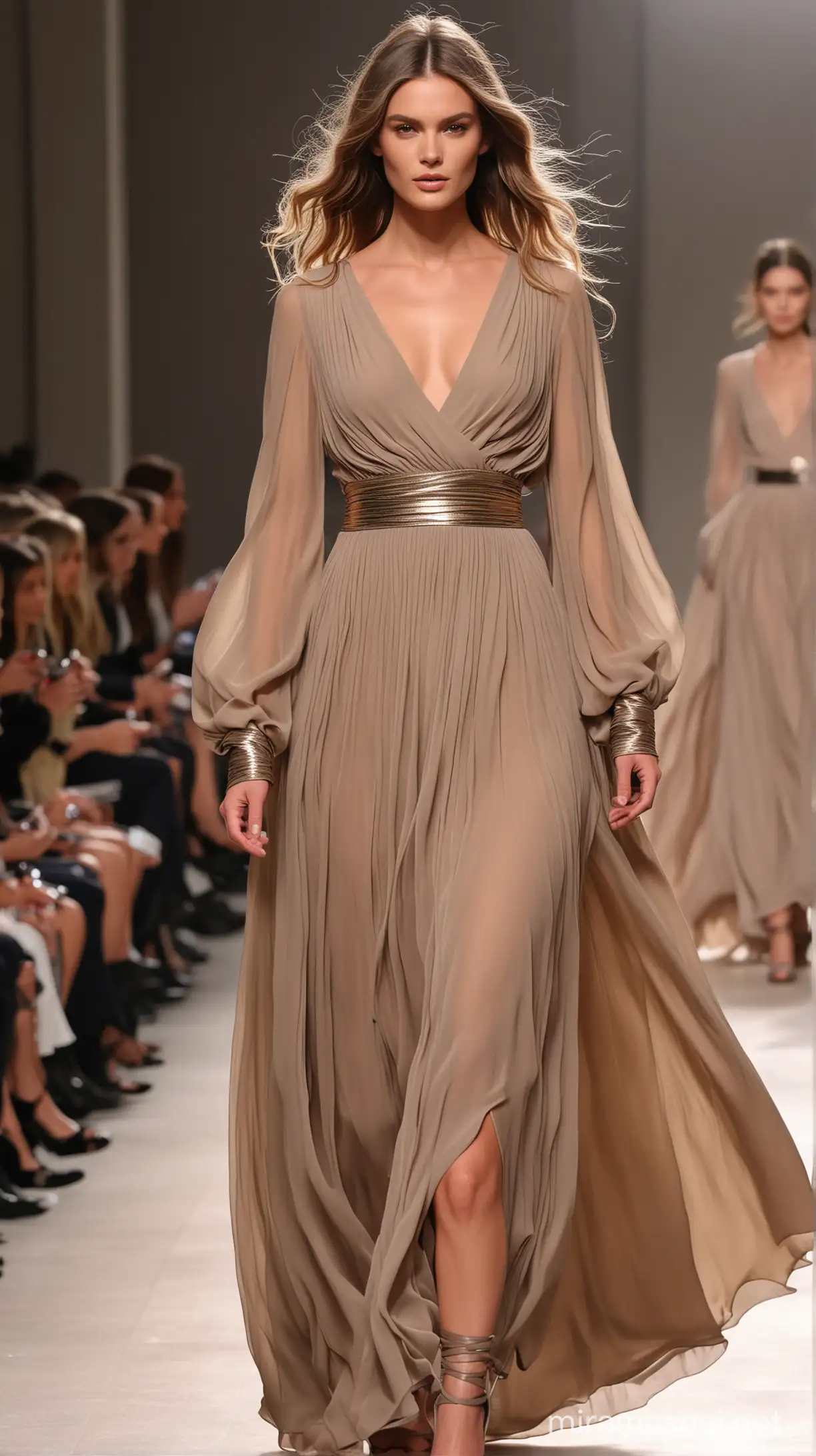 Stunning supermodel runway motion, front angle, wearing a long, large sleeve,  foil coated plain taupe chiffon dress with deep neckline and long layered skirt, hands in the pockets, glamorous, hyper-realistic, Chloé style 