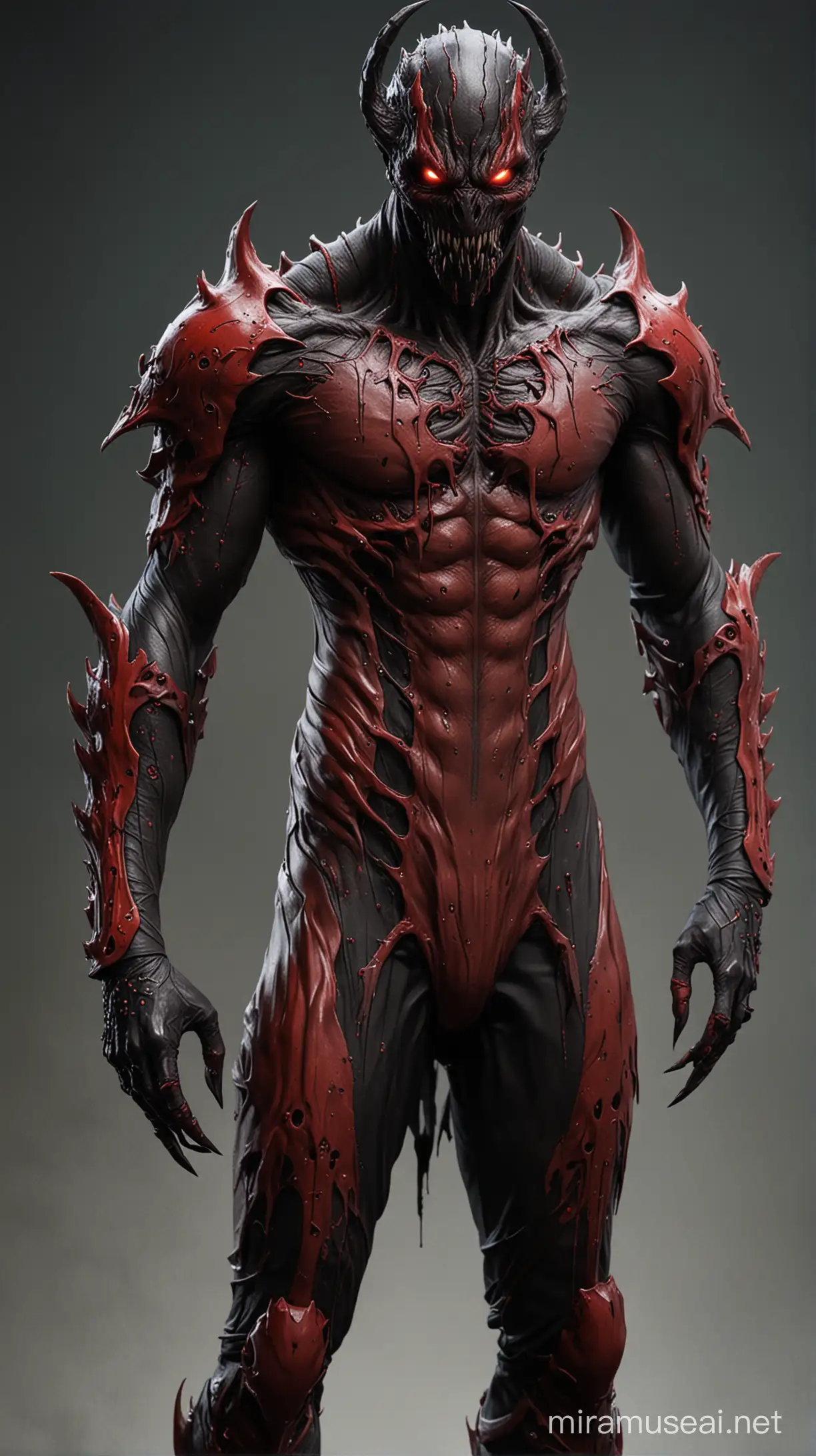 A long demon suit for gaming character with horror eyes made on the suit and claws with blood made on the suit of red colour