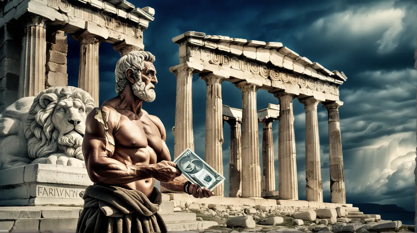 "Create an evocative image featuring an old, muscular man , holding an ancient Greek currency. The backdrop should include damaged ancient historic buildings against a darken blue cloudy sky. Capture the essence of time, strength, and historical decay in this thought-provoking scene." Currency also.