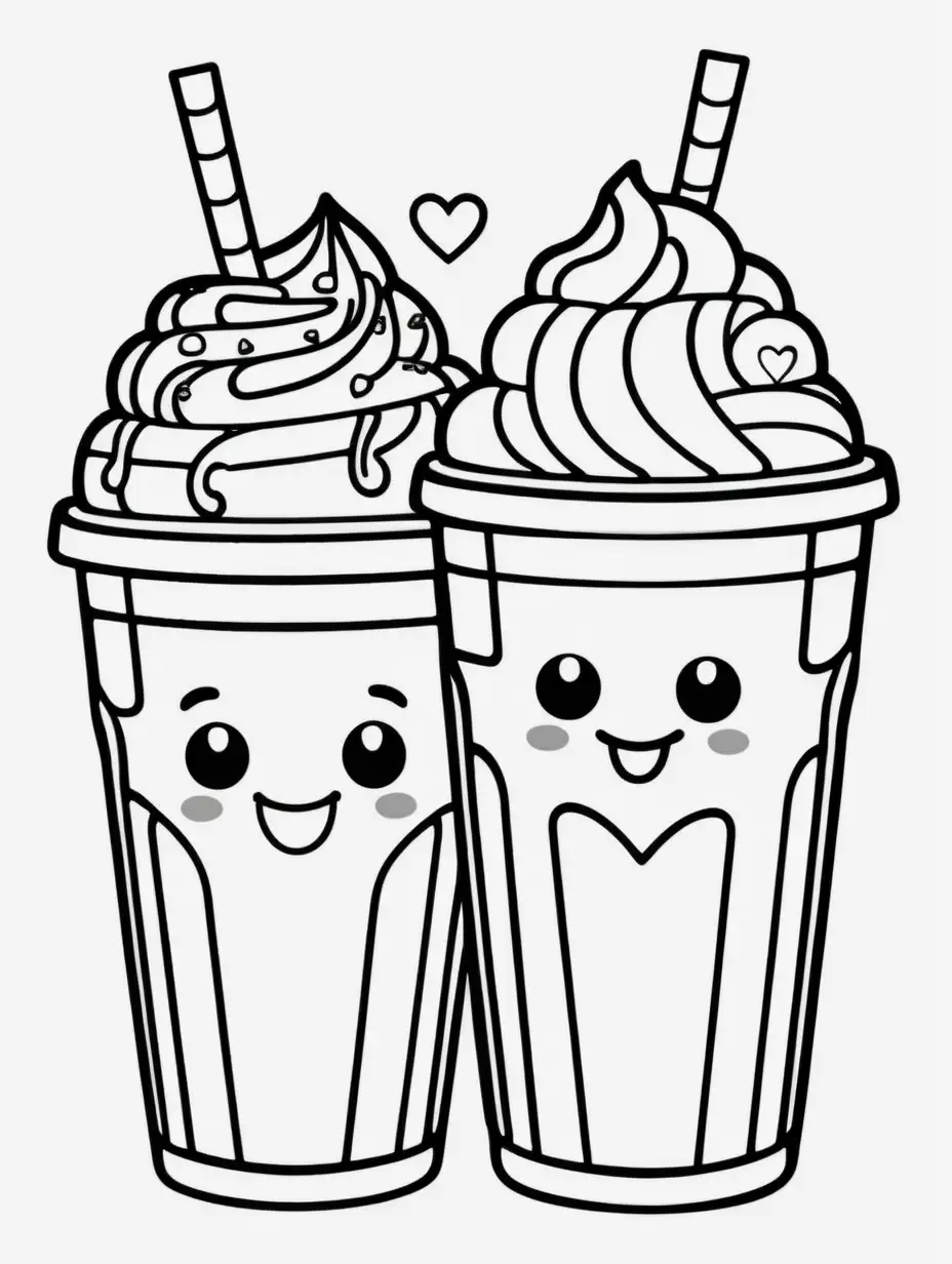 b/w outline art for coloring book page: two milk shakes with a happy face, kids style, cute, romantic, with hearts (((((white background))))). Only use outline, cartoon style, very clean line art, no shadow