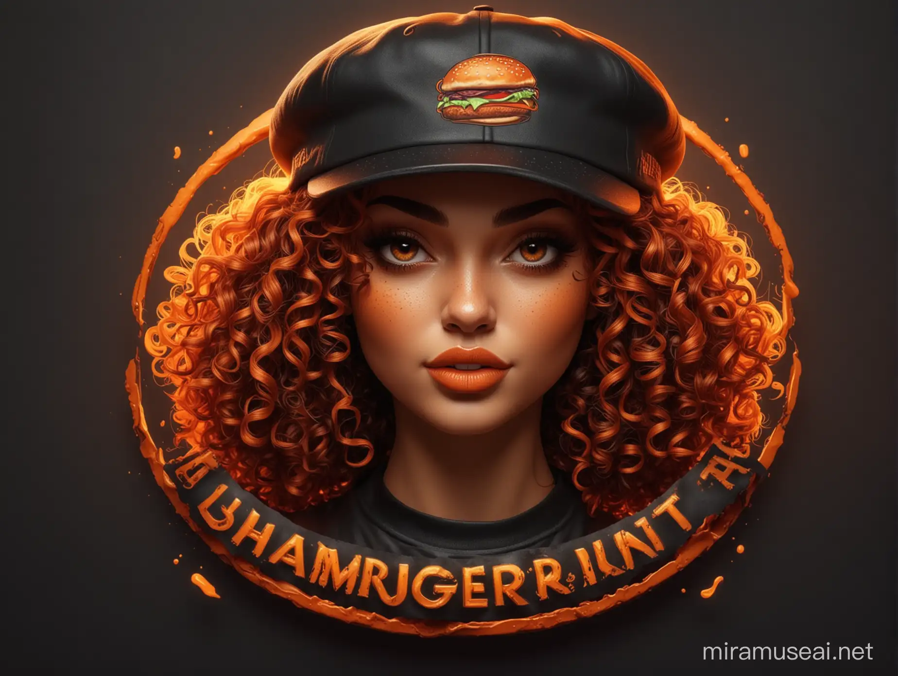 Fiery Orange Hamburger Joint Logo Featuring Dangerous DarkHaired Woman in Black Cap