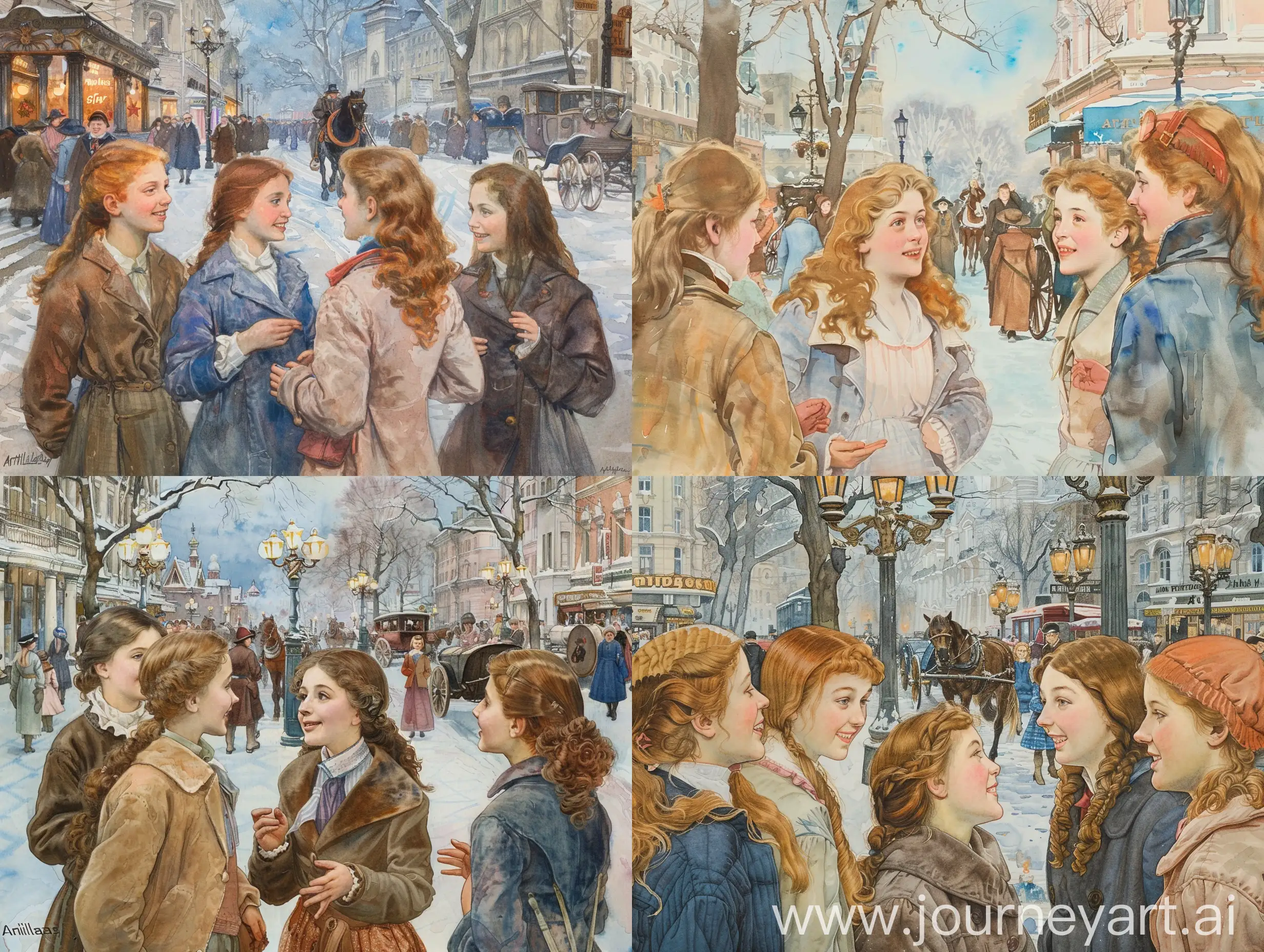 High-School-Girls-Chatting-in-Vintage-Moscow-Spring-Street-Scene-1910