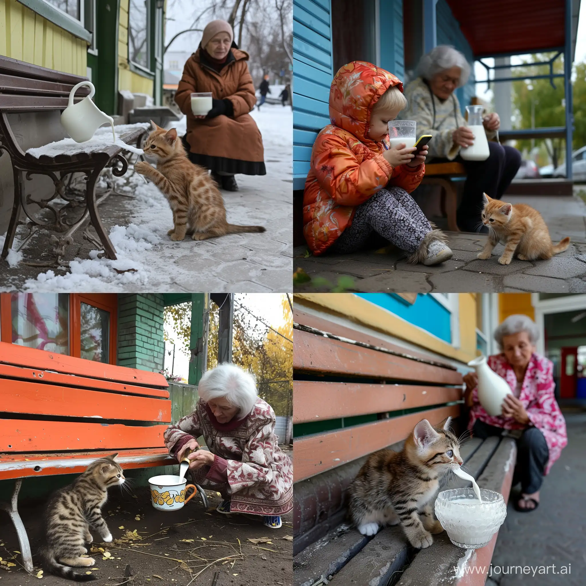phone photo, kitten lapping milk, at the entrance of the Russian Khrushchev, next to a bench with a grandmother who poured milk, --style raw
