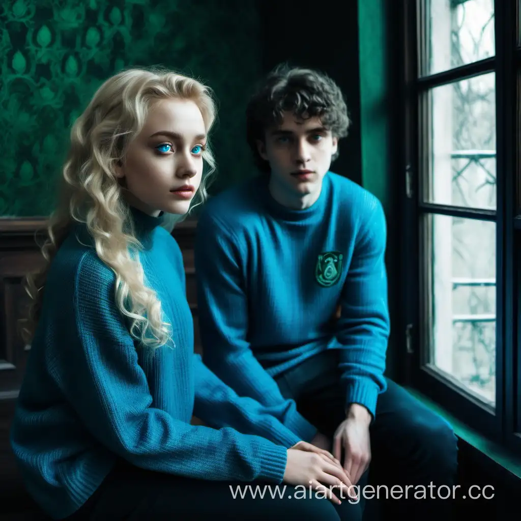 A young beautiful attractive girl with blonde hair, blue eyes in a blue sweater is sitting on the windowsill in the Slytherin room, next
to a young, handsome dark slightly curly hair guy, in full height