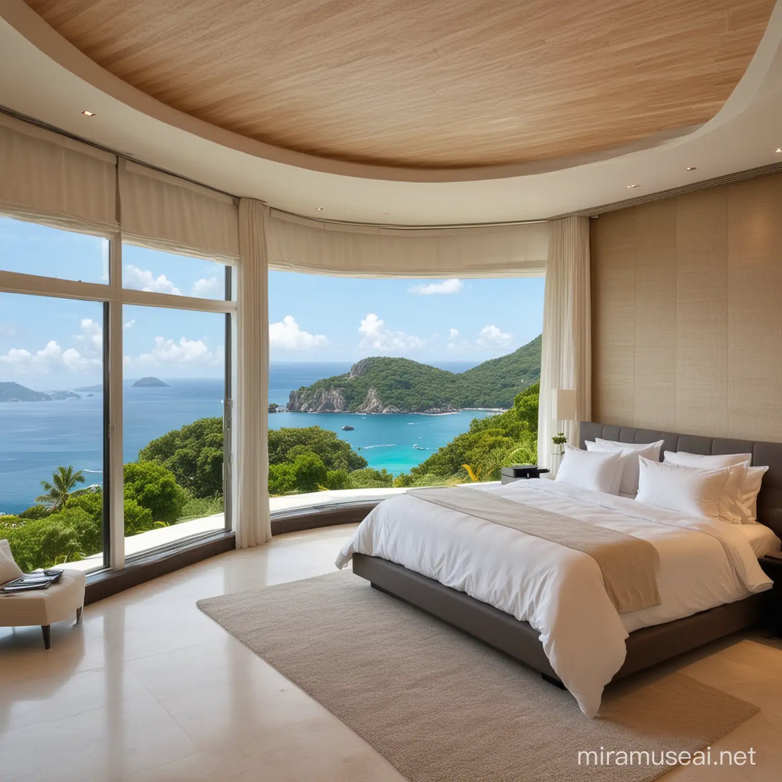 very expensive looking bedroom with view to island

