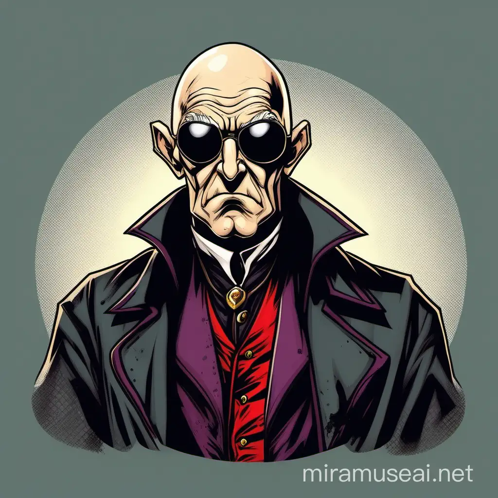 bald old man, slightly overweight, wearing dracula outfit, wearing aviator sunglasses, sweating, dracula hairline , comic style, cartoonish hatching, detailed, portrait, holding ak-47
